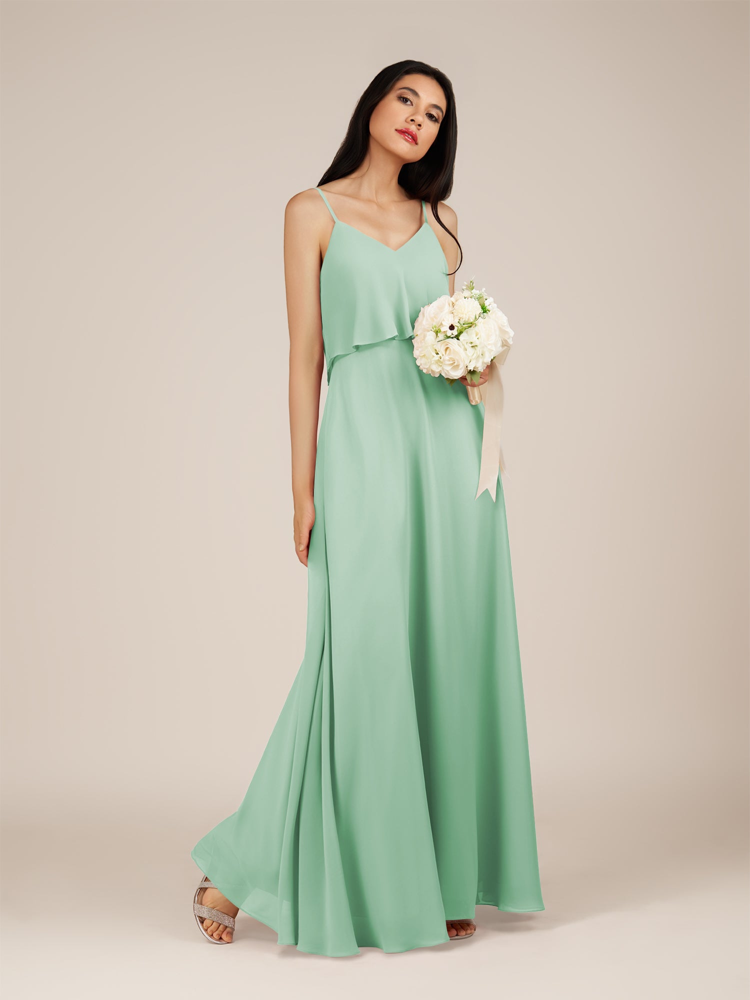KissDress-Branwyn Pale Pistachio A Line V Neck Chiffon Long Bridesmaid Dress with Ruffles