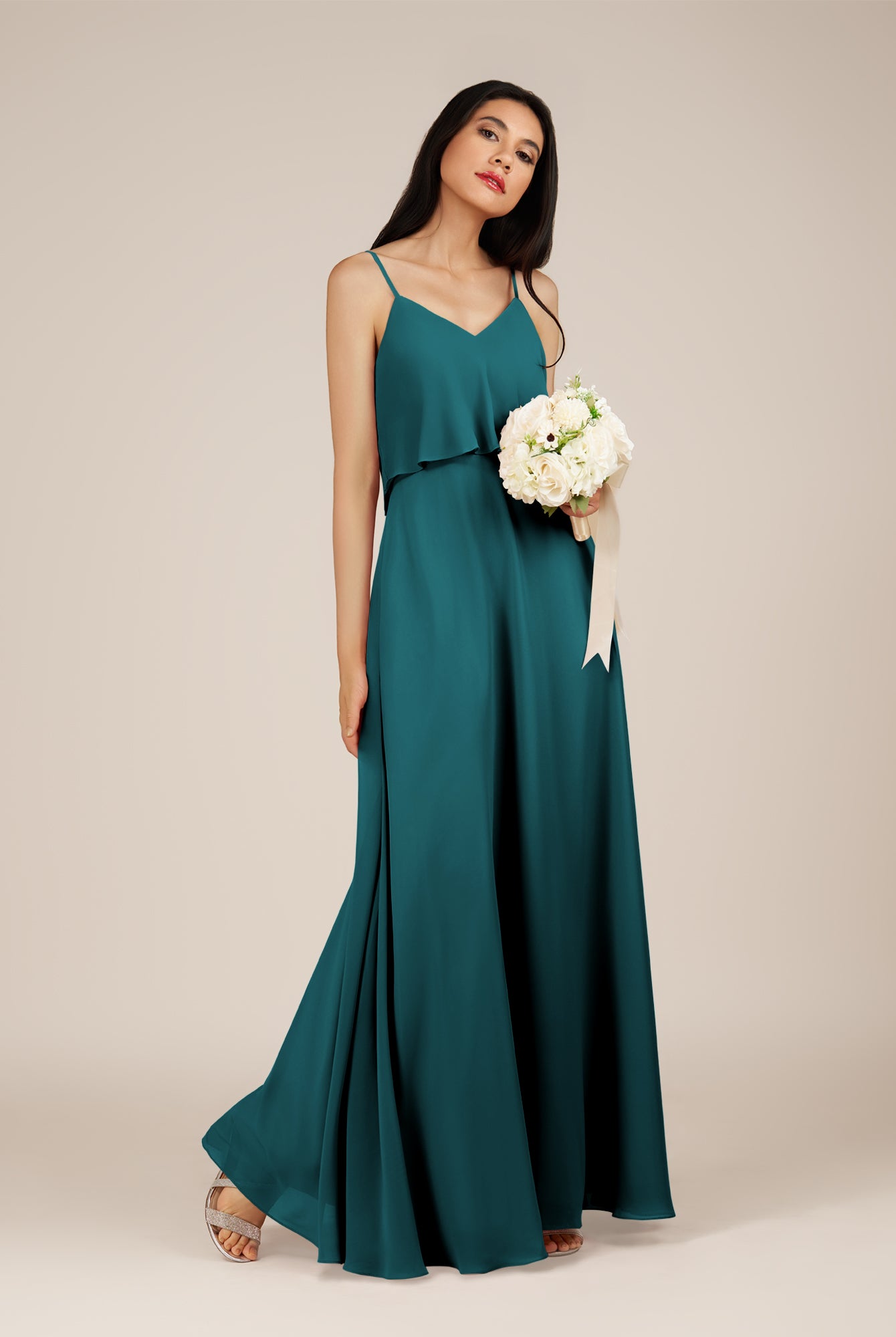 KissDress-Branwyn Pine A Line V Neck Chiffon Long Bridesmaid Dress with Ruffles