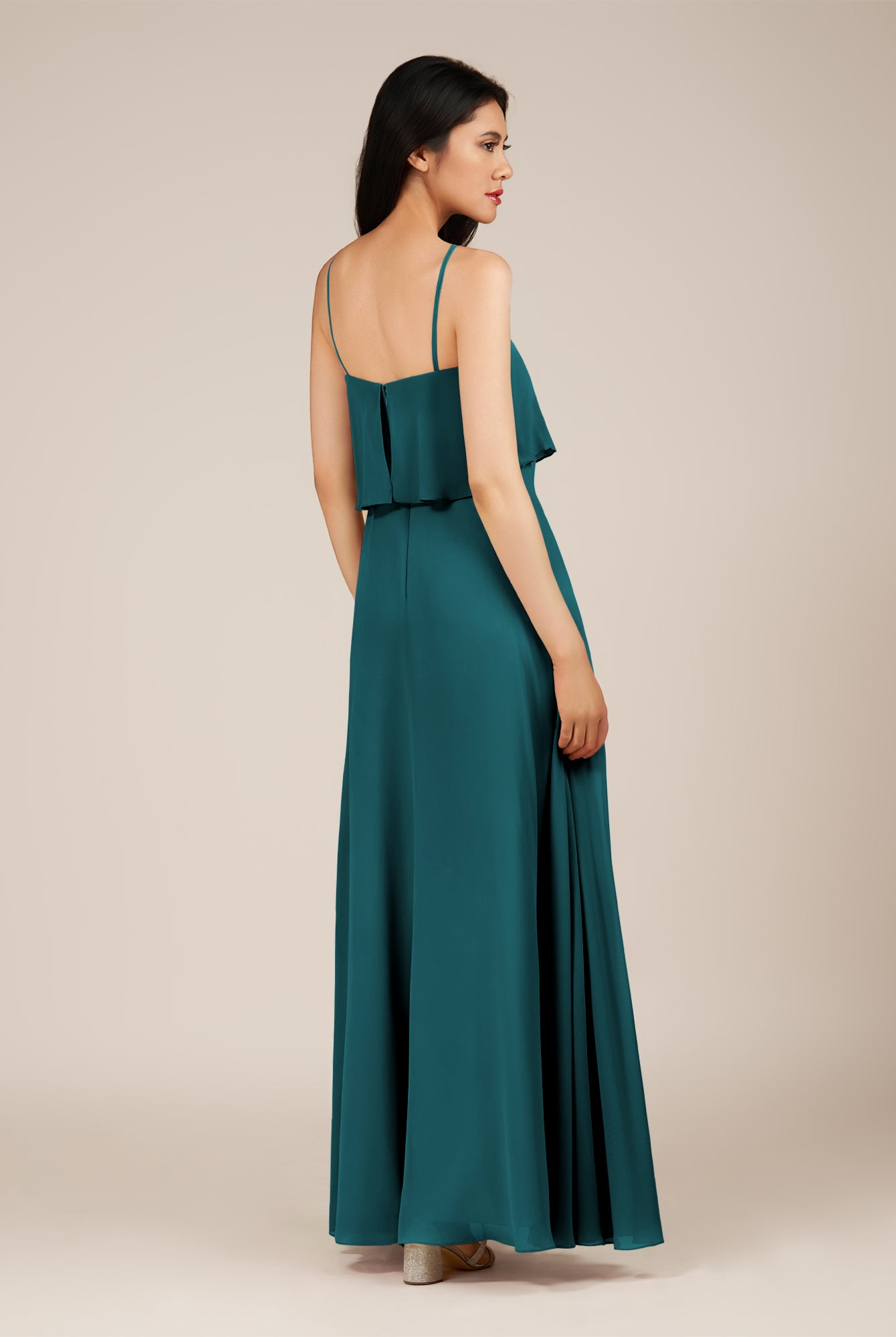 KissDress-Branwyn Pine A Line V Neck Chiffon Long Bridesmaid Dress with Ruffles