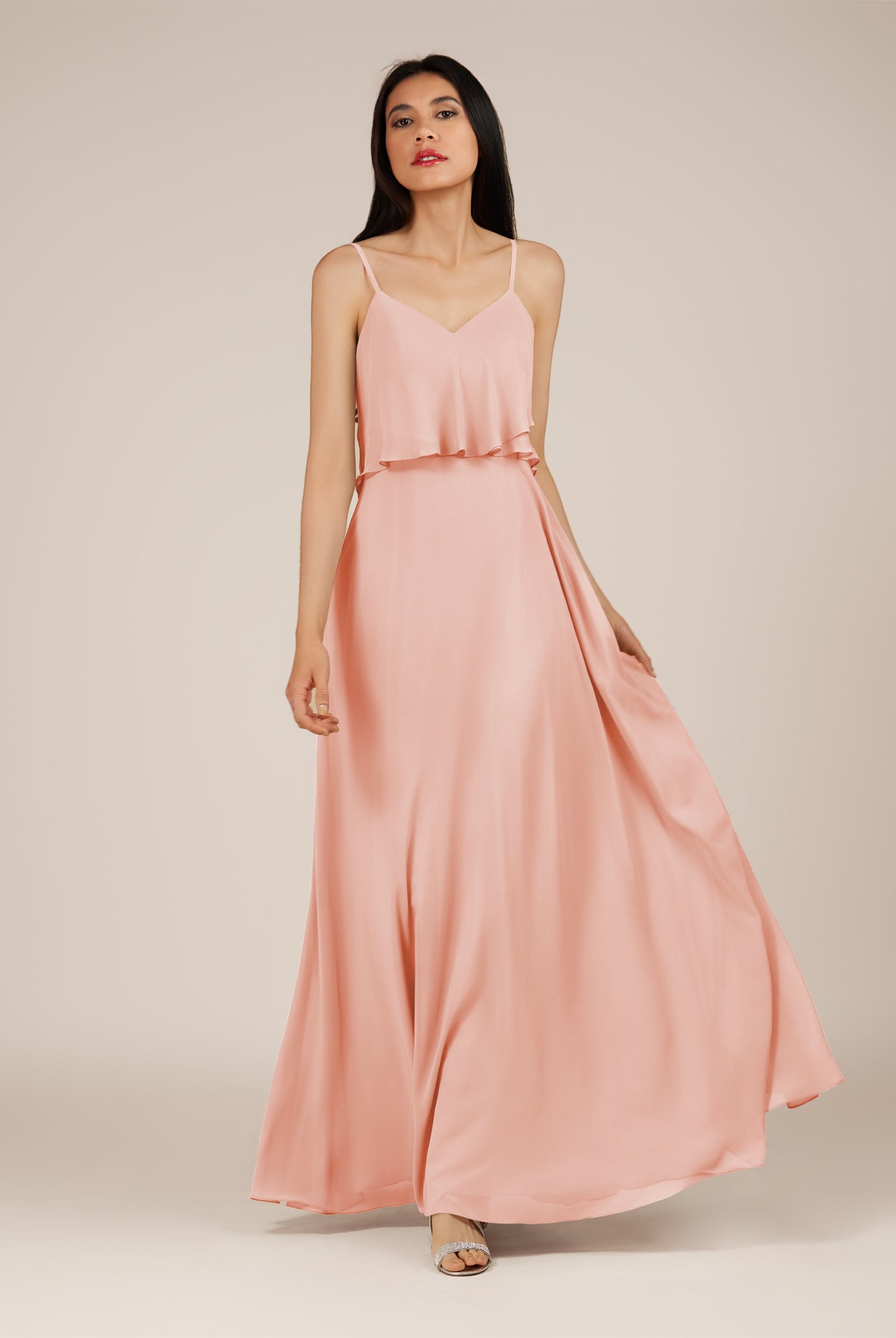 KissDress-Branwyn Rose Petal A Line V Neck Chiffon Long Bridesmaid Dress with Ruffles