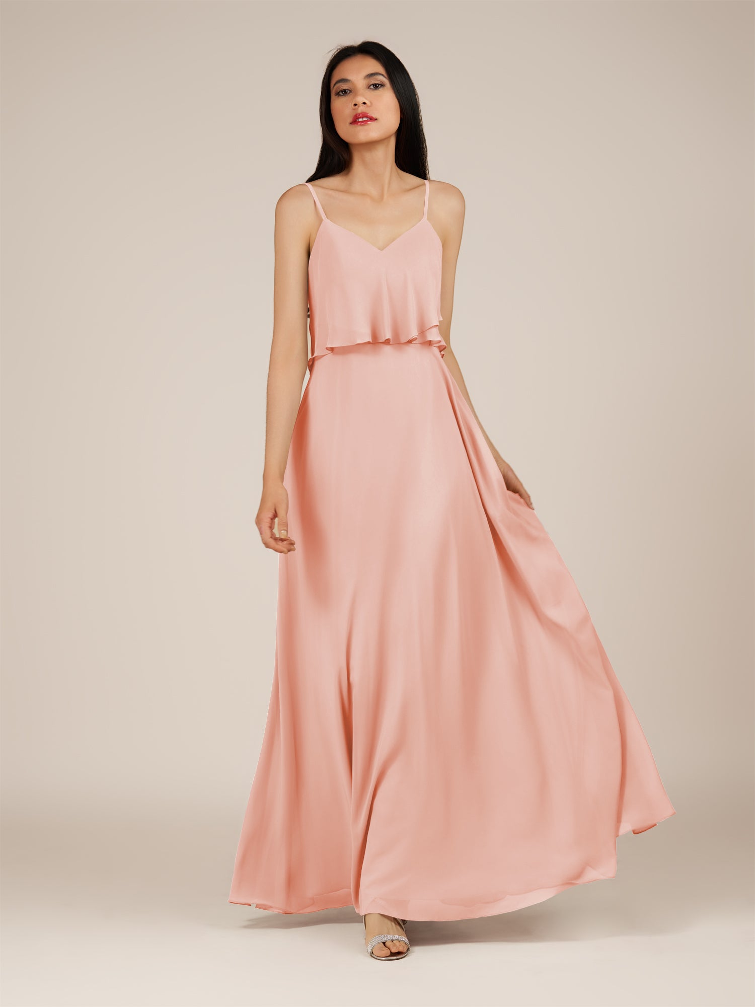 KissDress-Branwyn Rose Petal A Line V Neck Chiffon Long Bridesmaid Dress with Ruffles