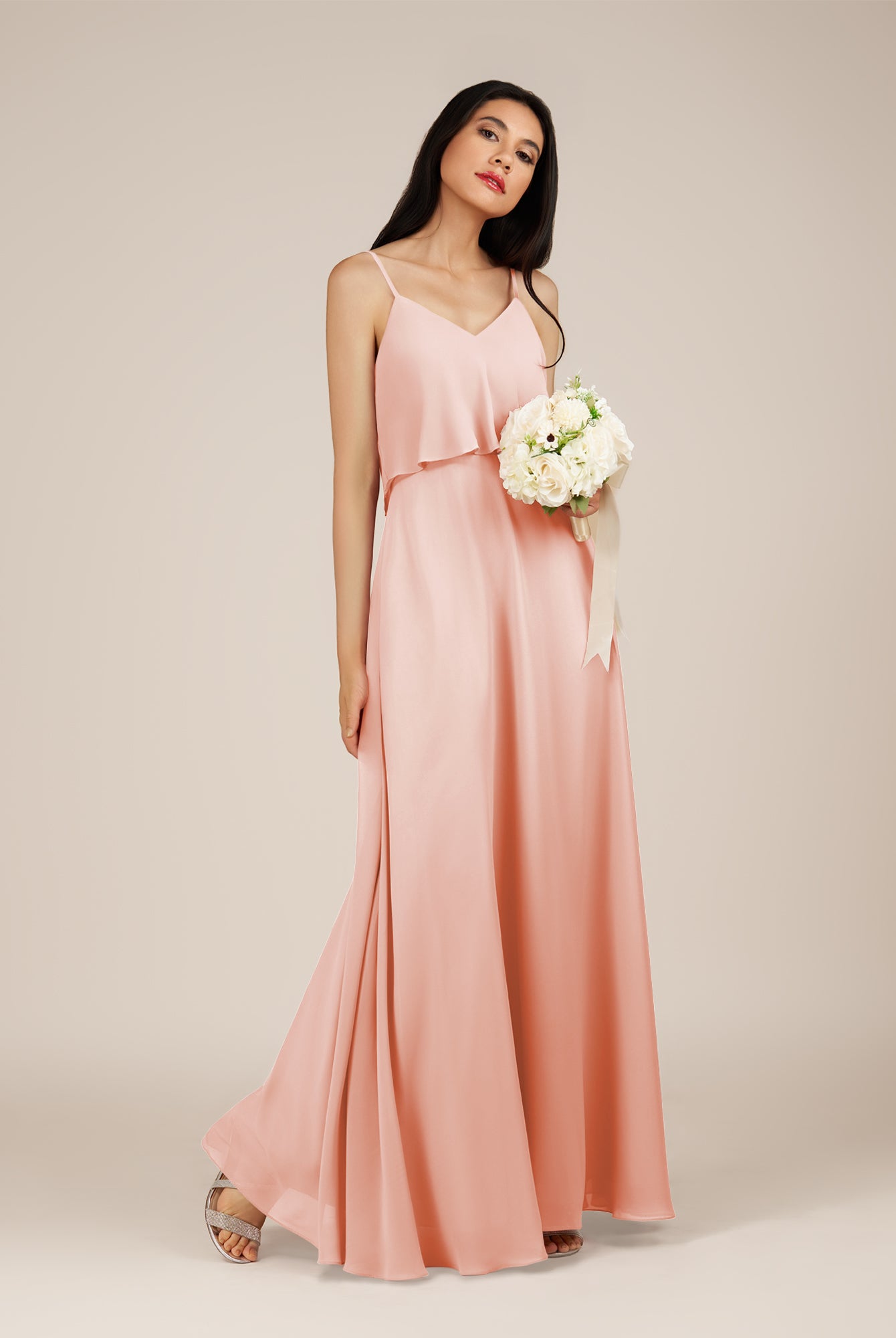 KissDress-Branwyn Rose Petal A Line V Neck Chiffon Long Bridesmaid Dress with Ruffles