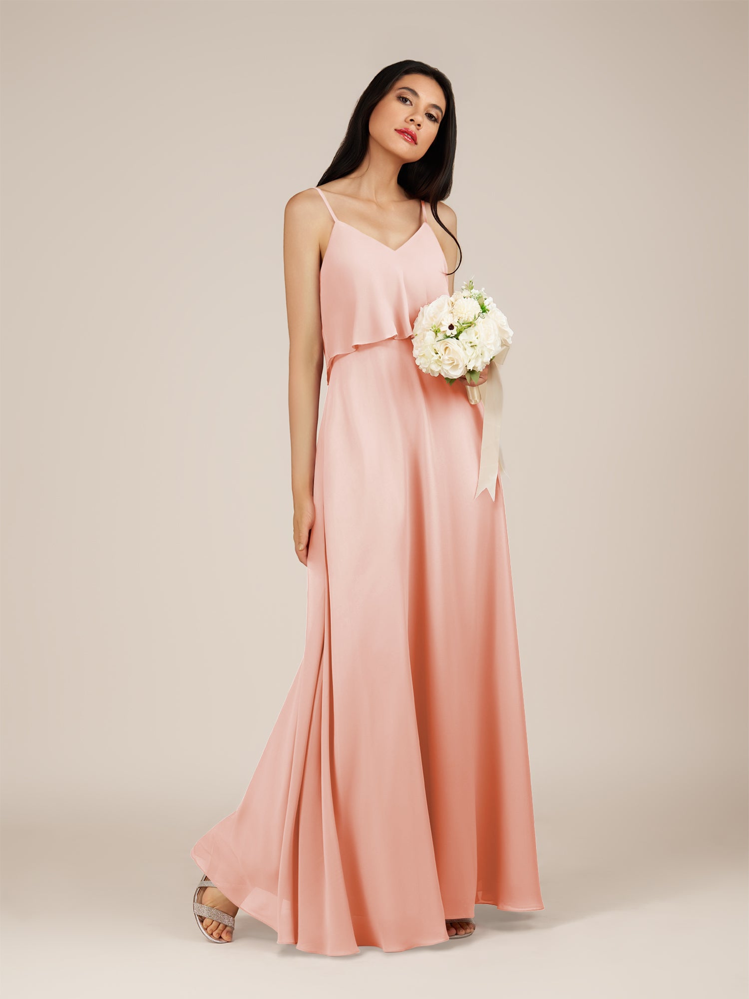 KissDress-Branwyn Rose Petal A Line V Neck Chiffon Long Bridesmaid Dress with Ruffles