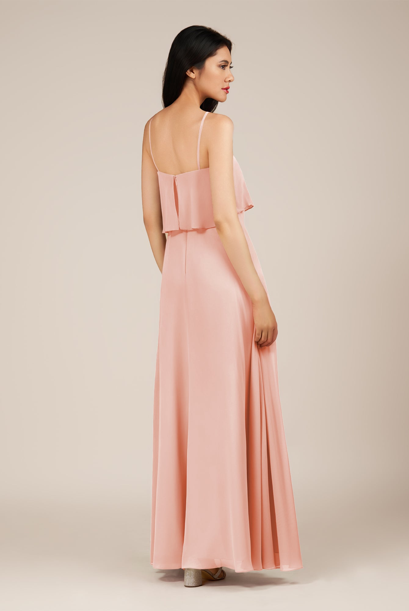 KissDress-Branwyn Rose Petal A Line V Neck Chiffon Long Bridesmaid Dress with Ruffles