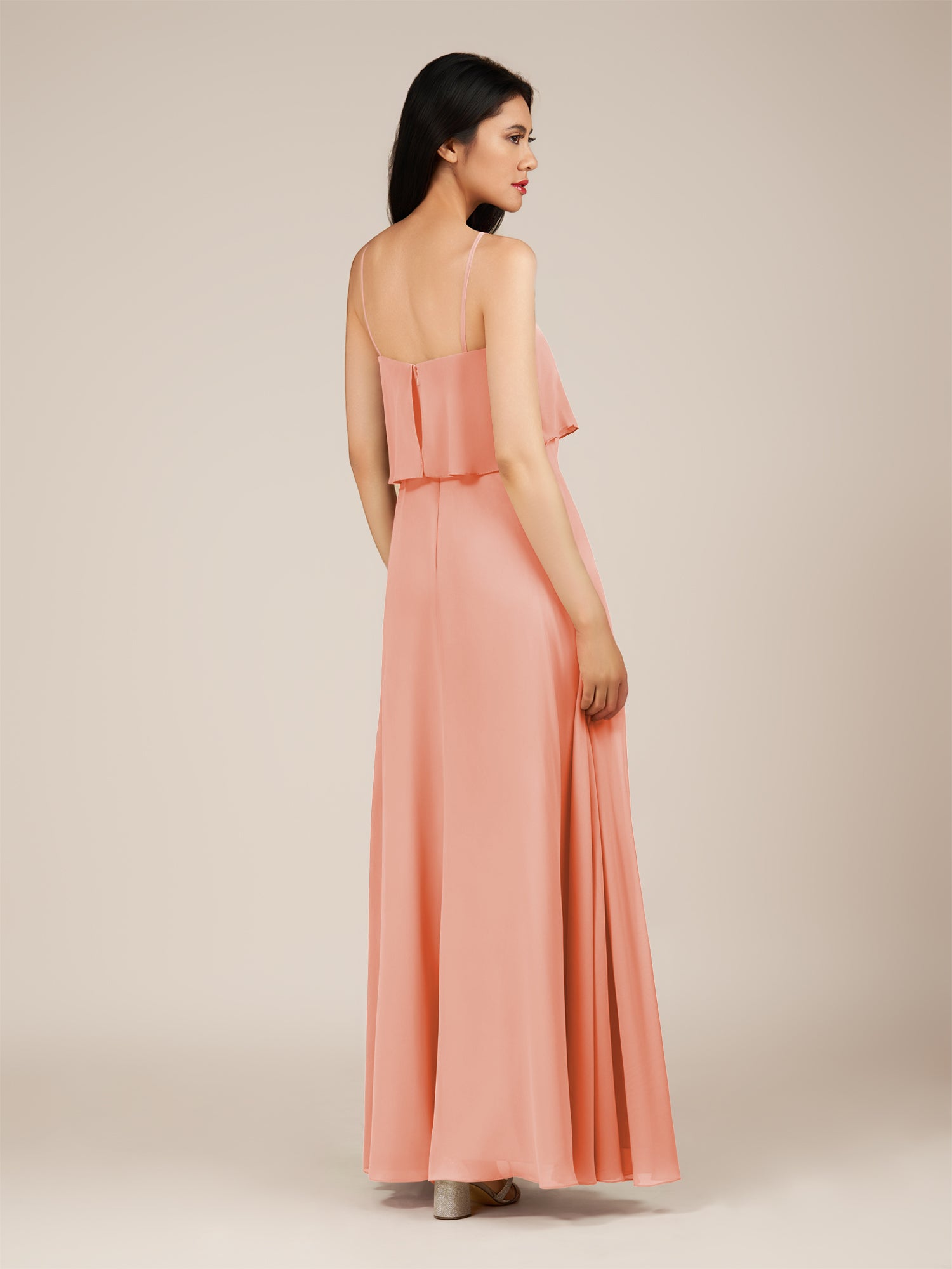 KissDress-Branwyn Rosette A Line V Neck Chiffon Long Bridesmaid Dress with Ruffles
