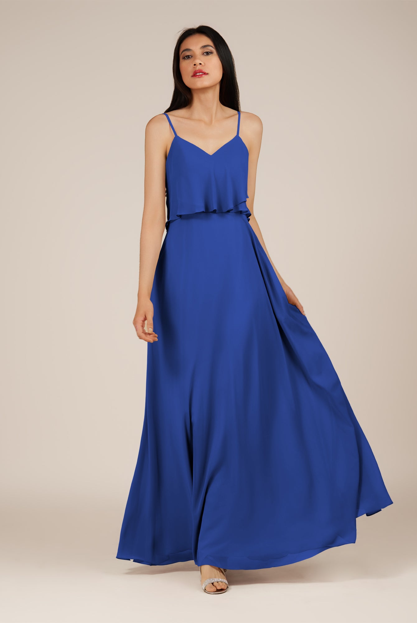 KissDress-Branwyn Royal Blue A Line V Neck Chiffon Long Bridesmaid Dress with Ruffles