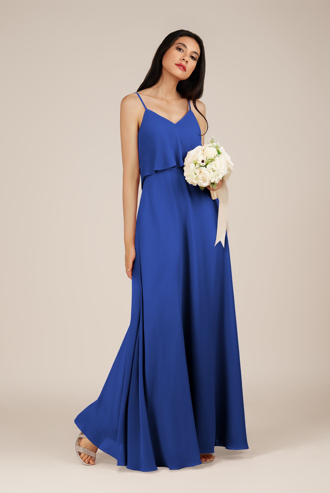 KissDress-Branwyn Royal Blue A Line V Neck Chiffon Long Bridesmaid Dress with Ruffles