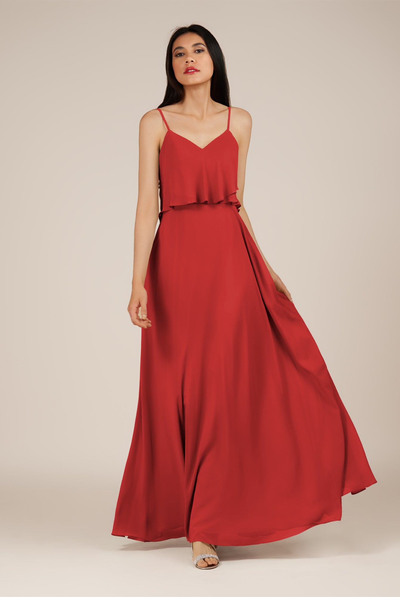 KissDress-Branwyn Ruby Red A Line V Neck Chiffon Long Bridesmaid Dress with Ruffles