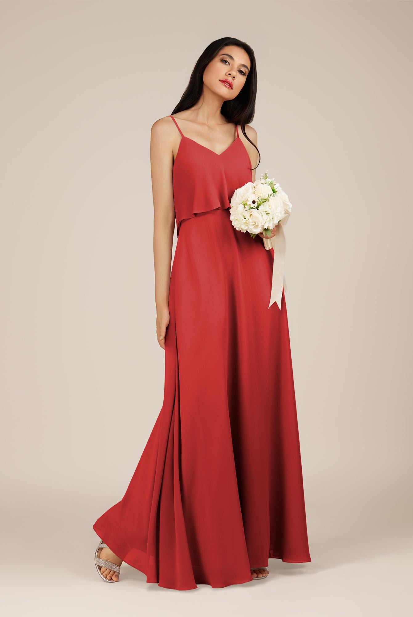 KissDress-Branwyn Ruby Red A Line V Neck Chiffon Long Bridesmaid Dress with Ruffles