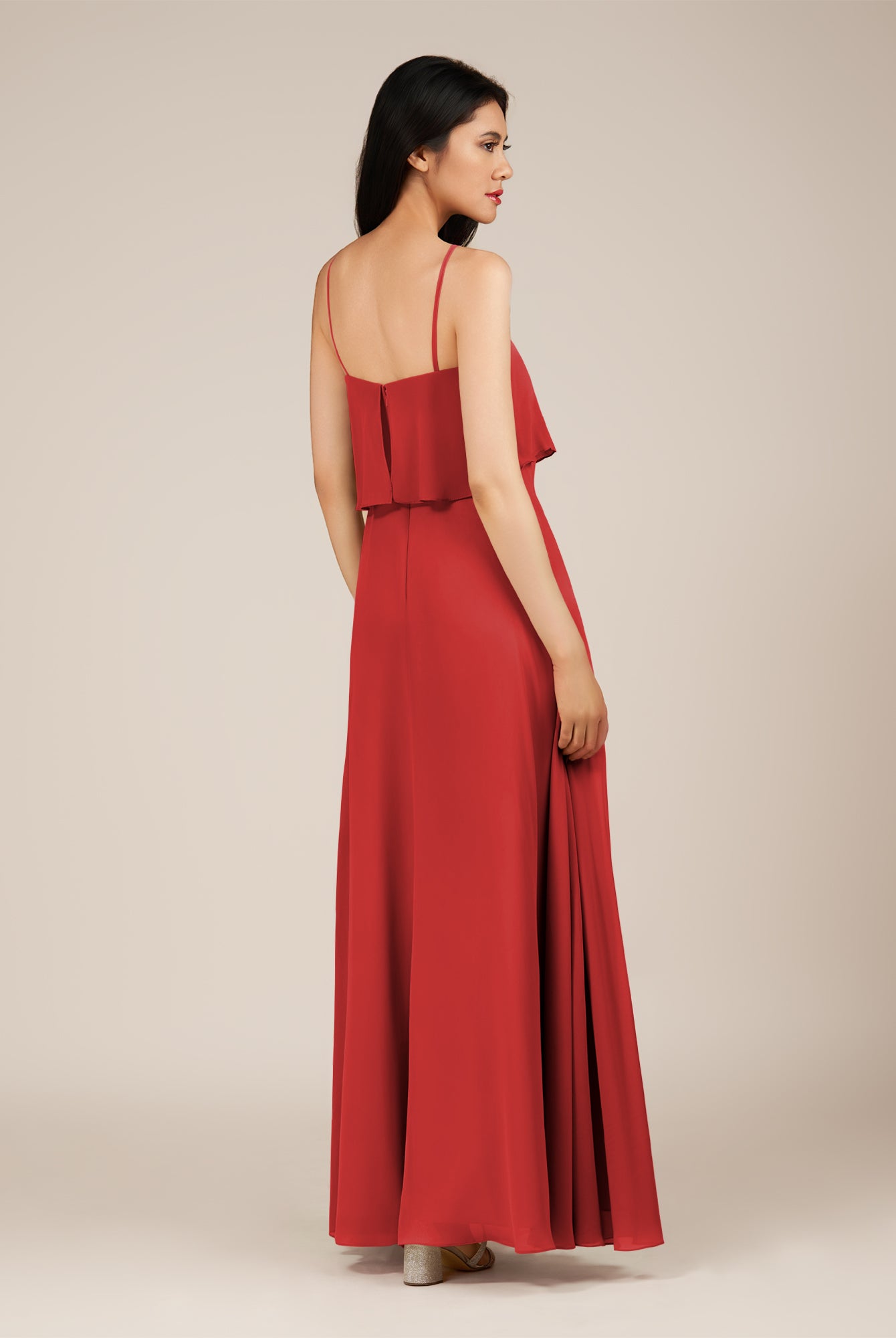 KissDress-Branwyn Ruby Red A Line V Neck Chiffon Long Bridesmaid Dress with Ruffles