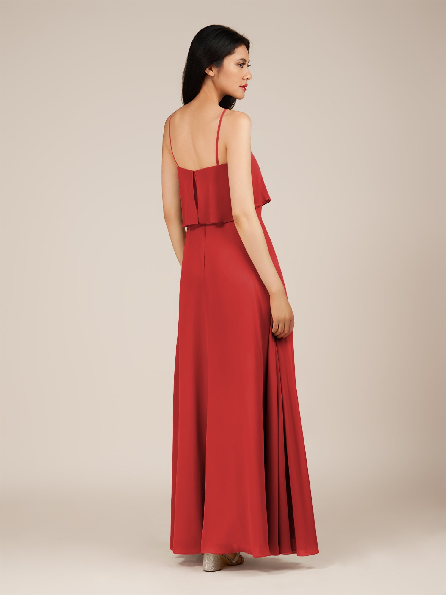 KissDress-Branwyn Ruby Red A Line V Neck Chiffon Long Bridesmaid Dress with Ruffles