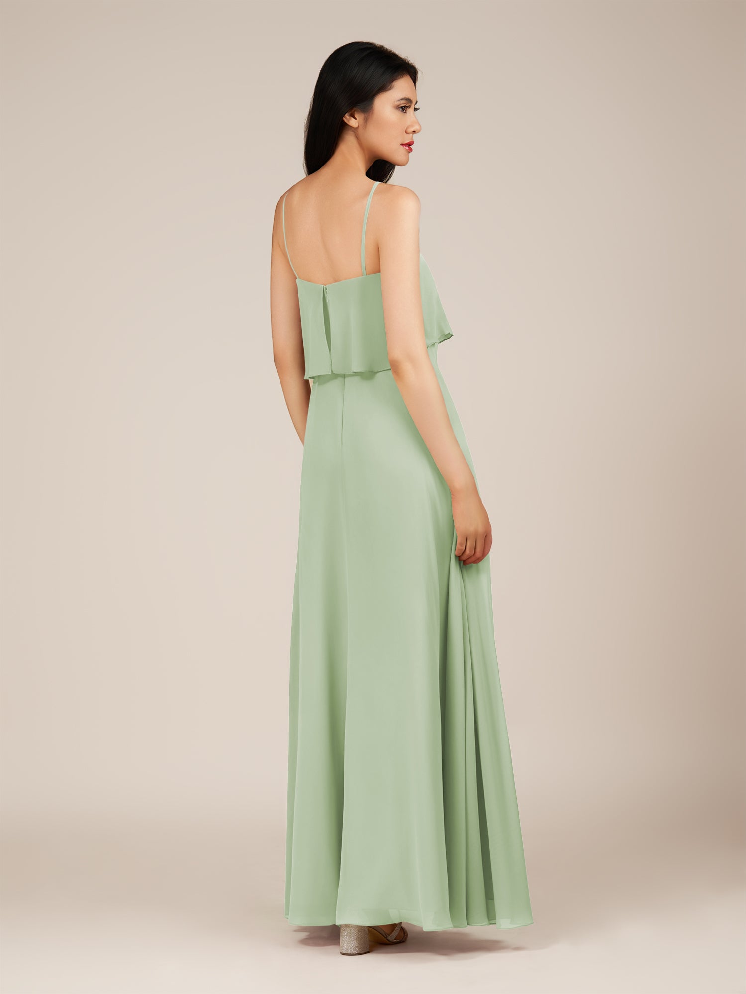 KissDress-Branwyn Sage A Line V Neck Chiffon Long Bridesmaid Dress with Ruffles
