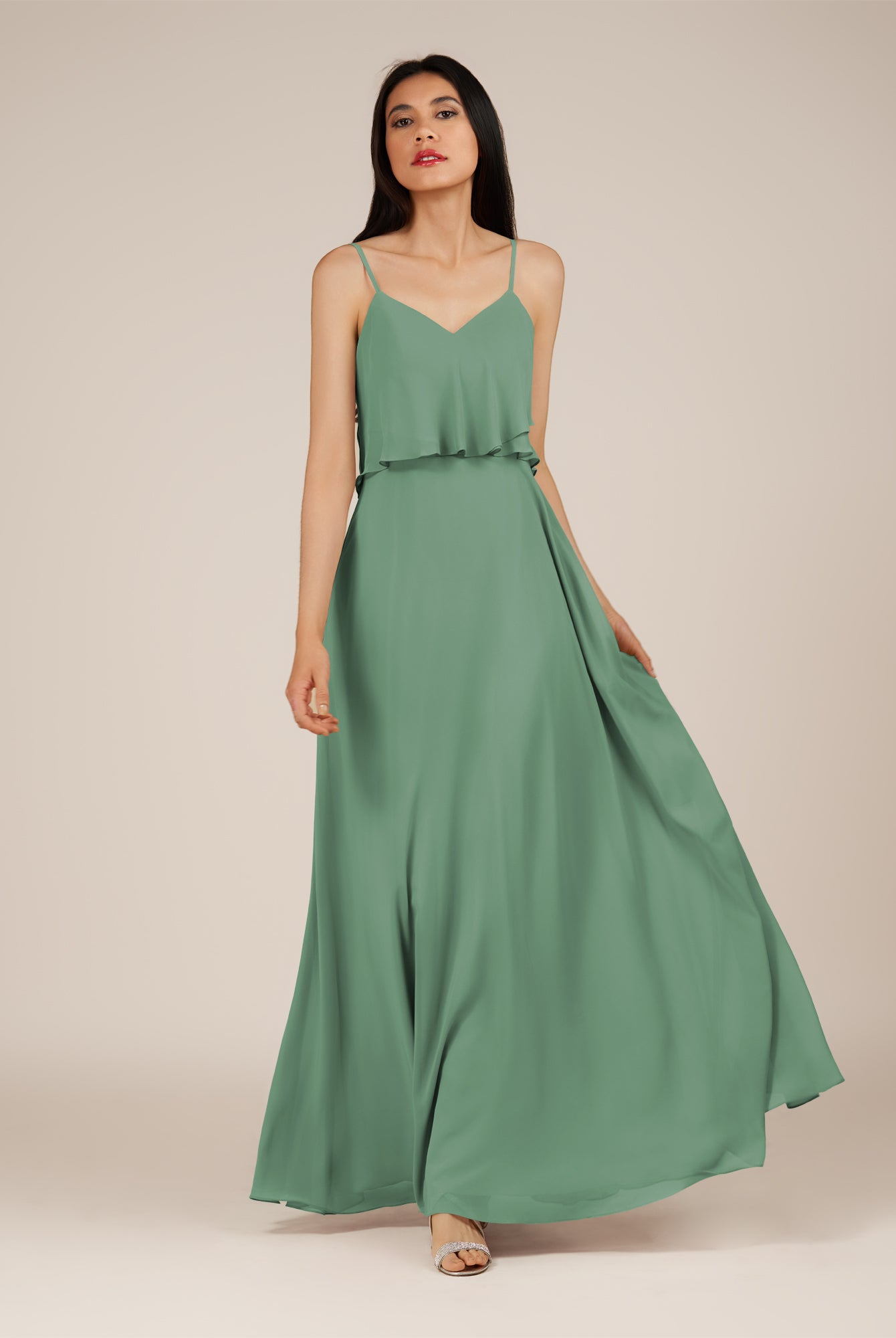 KissDress-Branwyn Sea Glass A Line V Neck Chiffon Long Bridesmaid Dress with Ruffles
