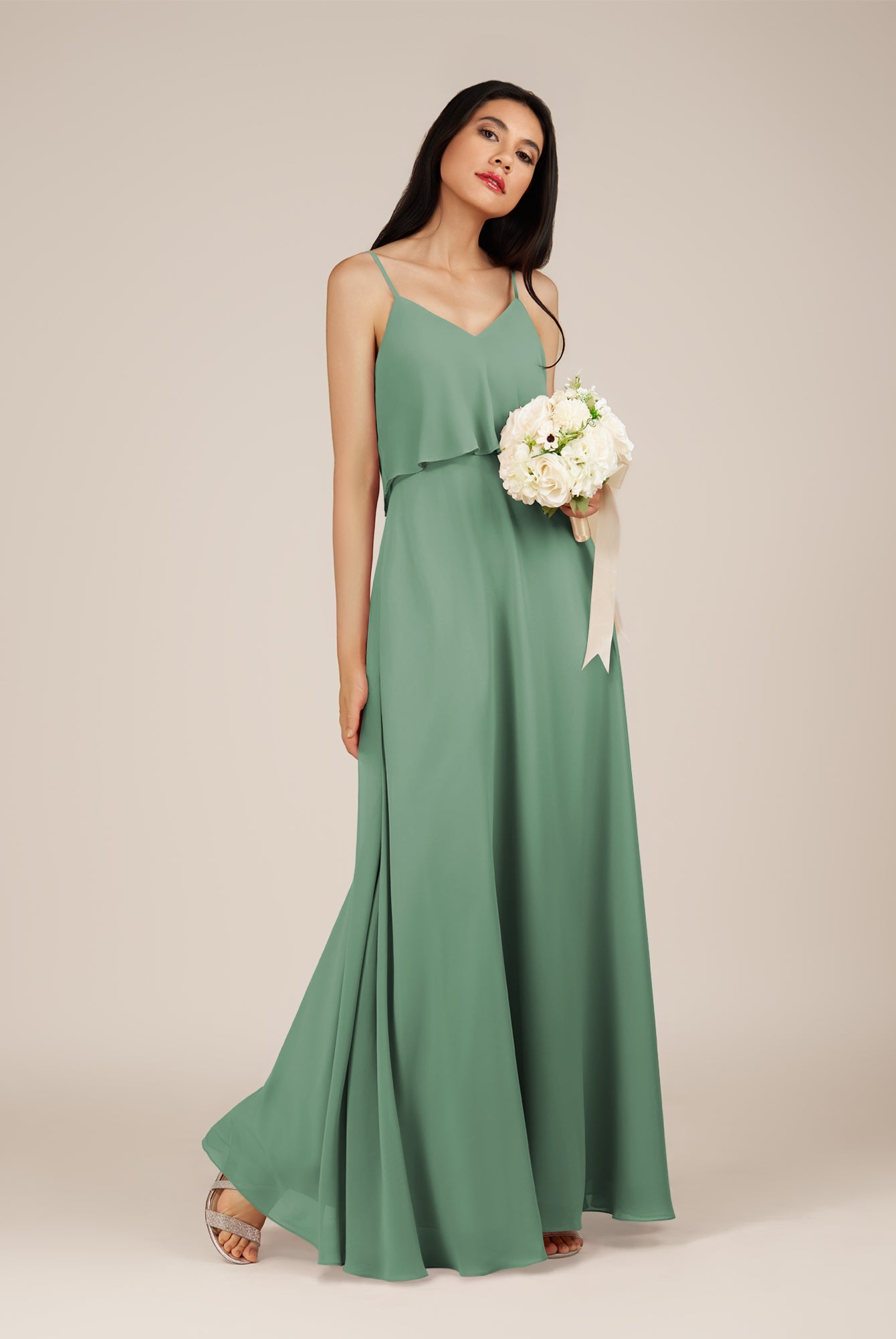 KissDress-Branwyn Sea Glass A Line V Neck Chiffon Long Bridesmaid Dress with Ruffles