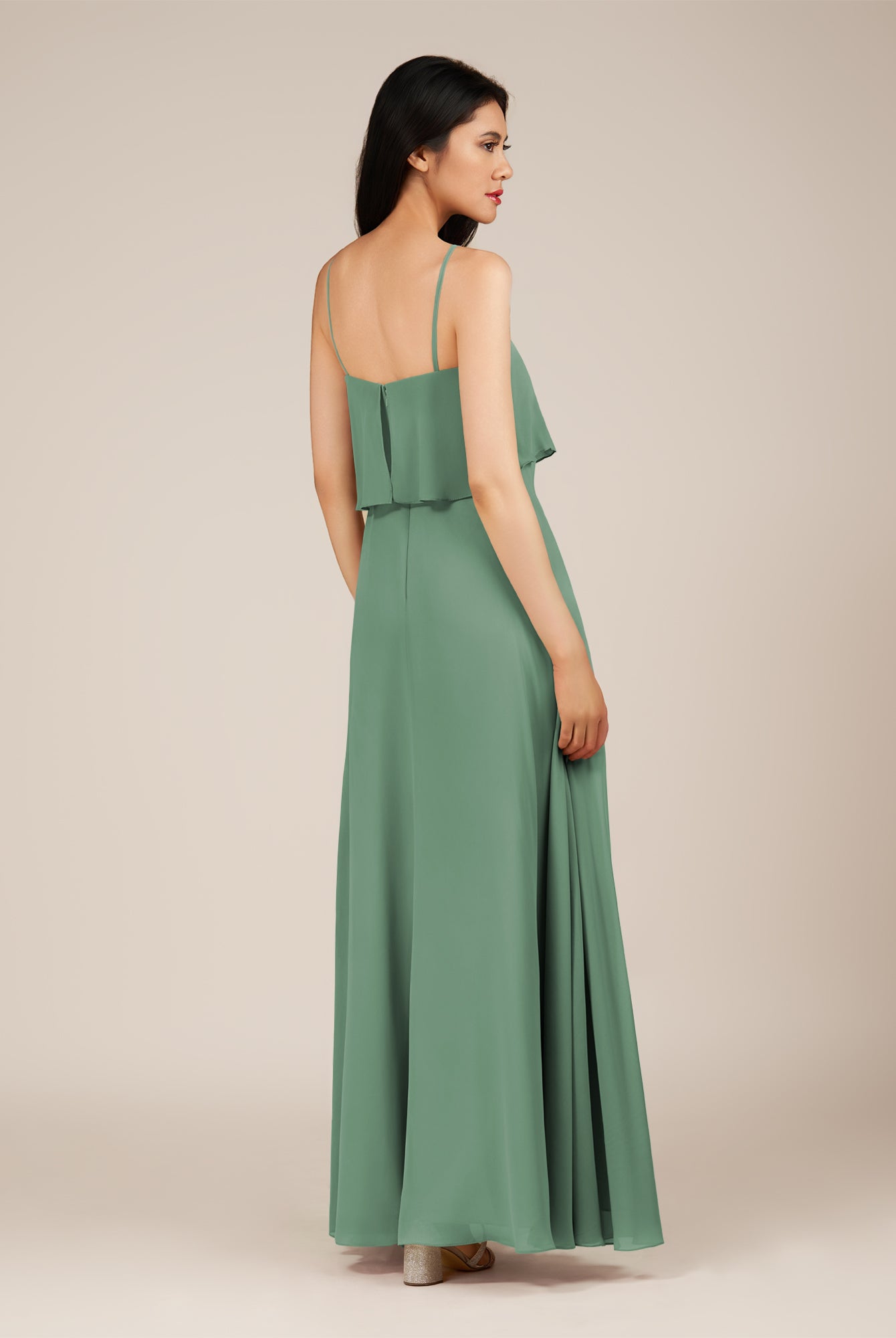 KissDress-Branwyn Sea Glass A Line V Neck Chiffon Long Bridesmaid Dress with Ruffles