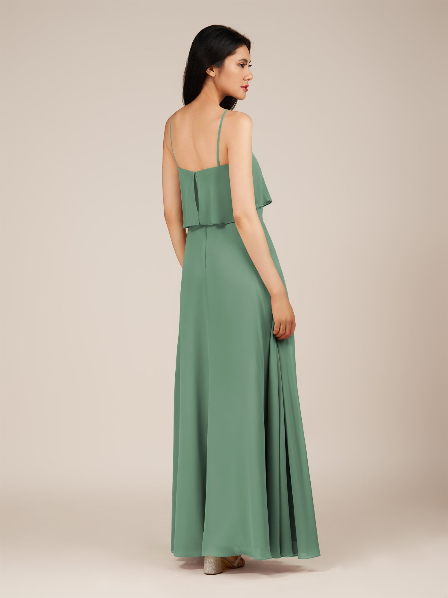 KissDress-Branwyn Sea Glass A Line V Neck Chiffon Long Bridesmaid Dress with Ruffles