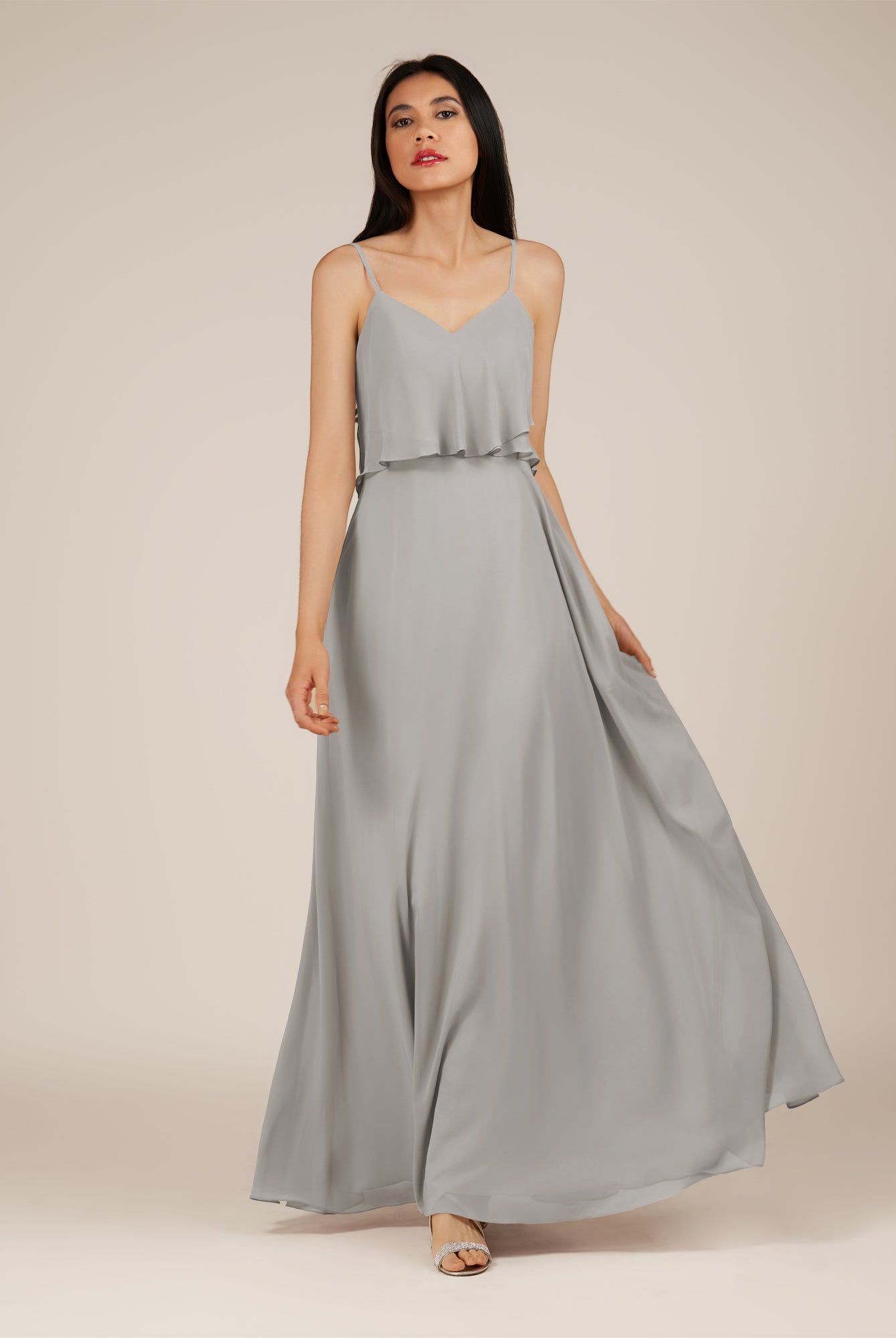 KissDress-Branwyn Silver A Line V Neck Chiffon Long Bridesmaid Dress with Ruffles