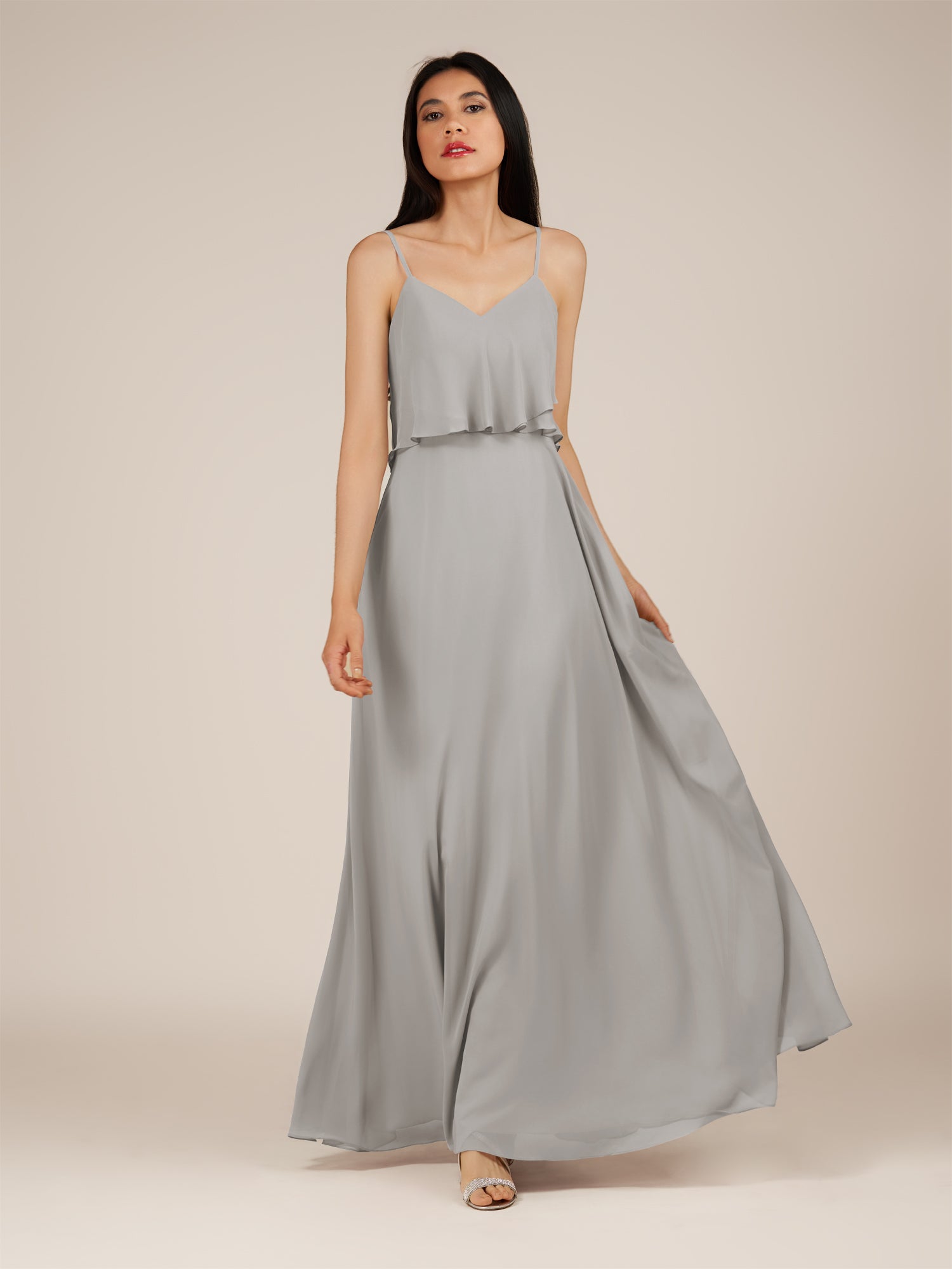 KissDress-Branwyn Silver A Line V Neck Chiffon Long Bridesmaid Dress with Ruffles