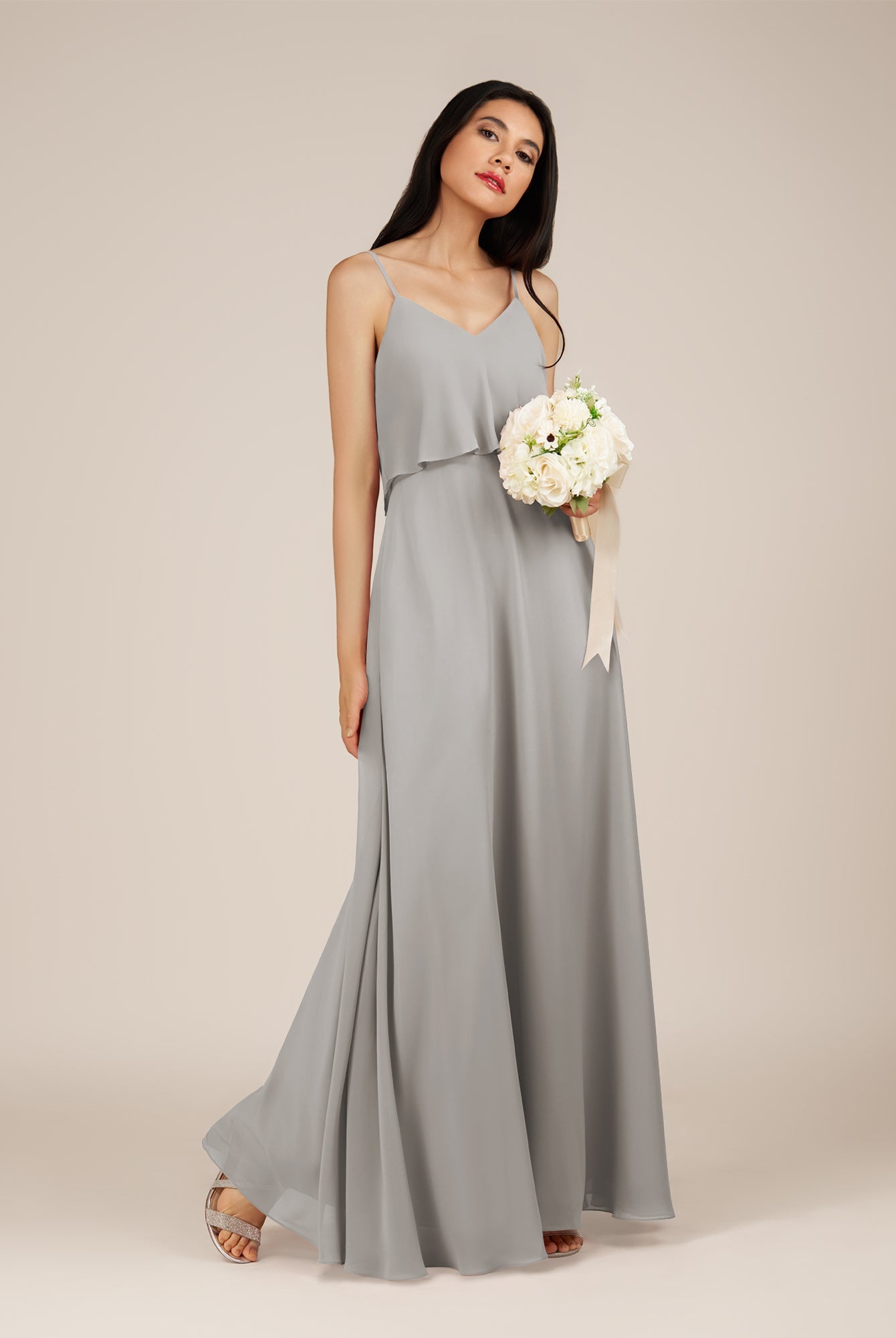 KissDress-Branwyn Silver A Line V Neck Chiffon Long Bridesmaid Dress with Ruffles