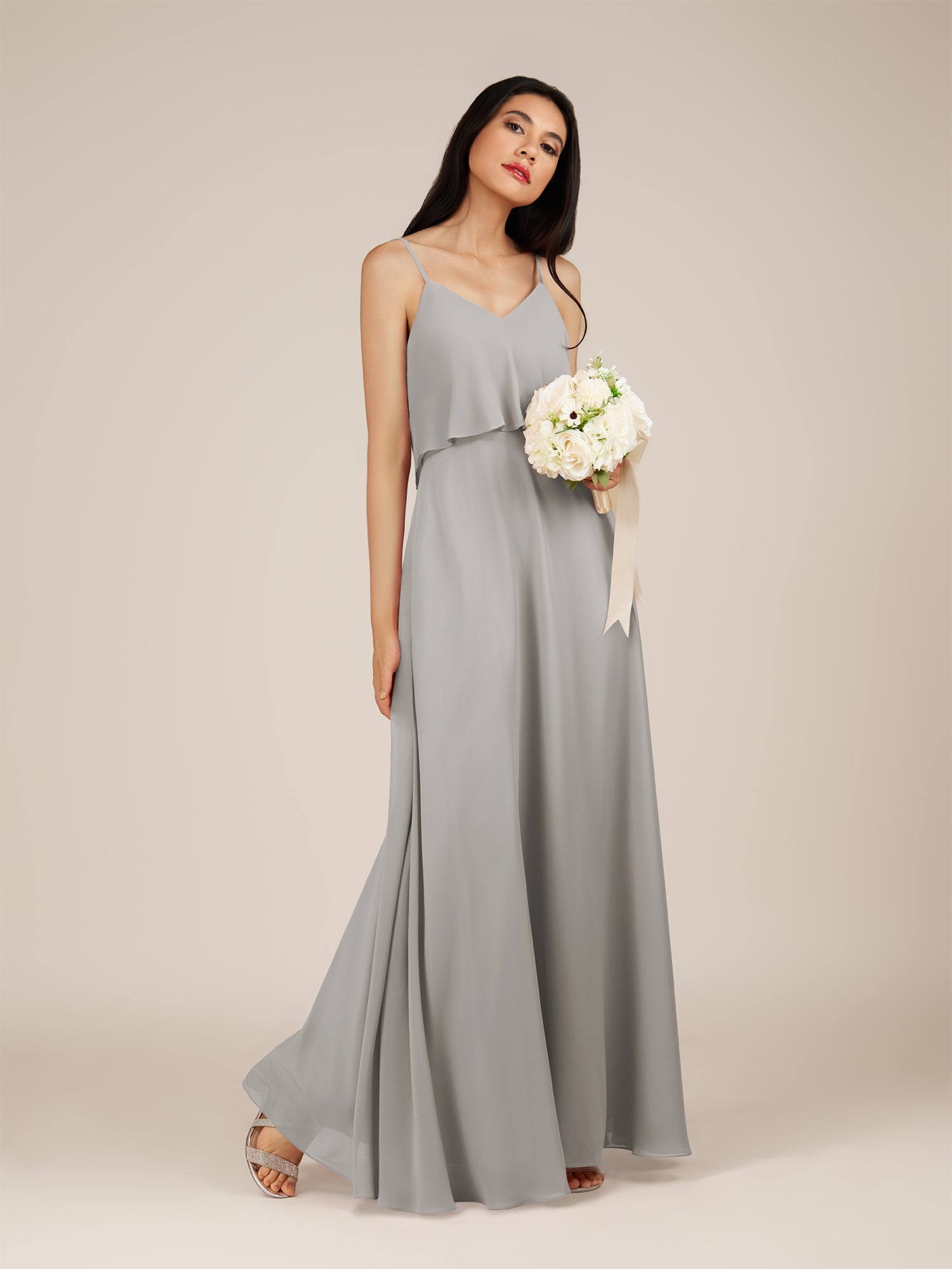 KissDress-Branwyn Silver A Line V Neck Chiffon Long Bridesmaid Dress with Ruffles