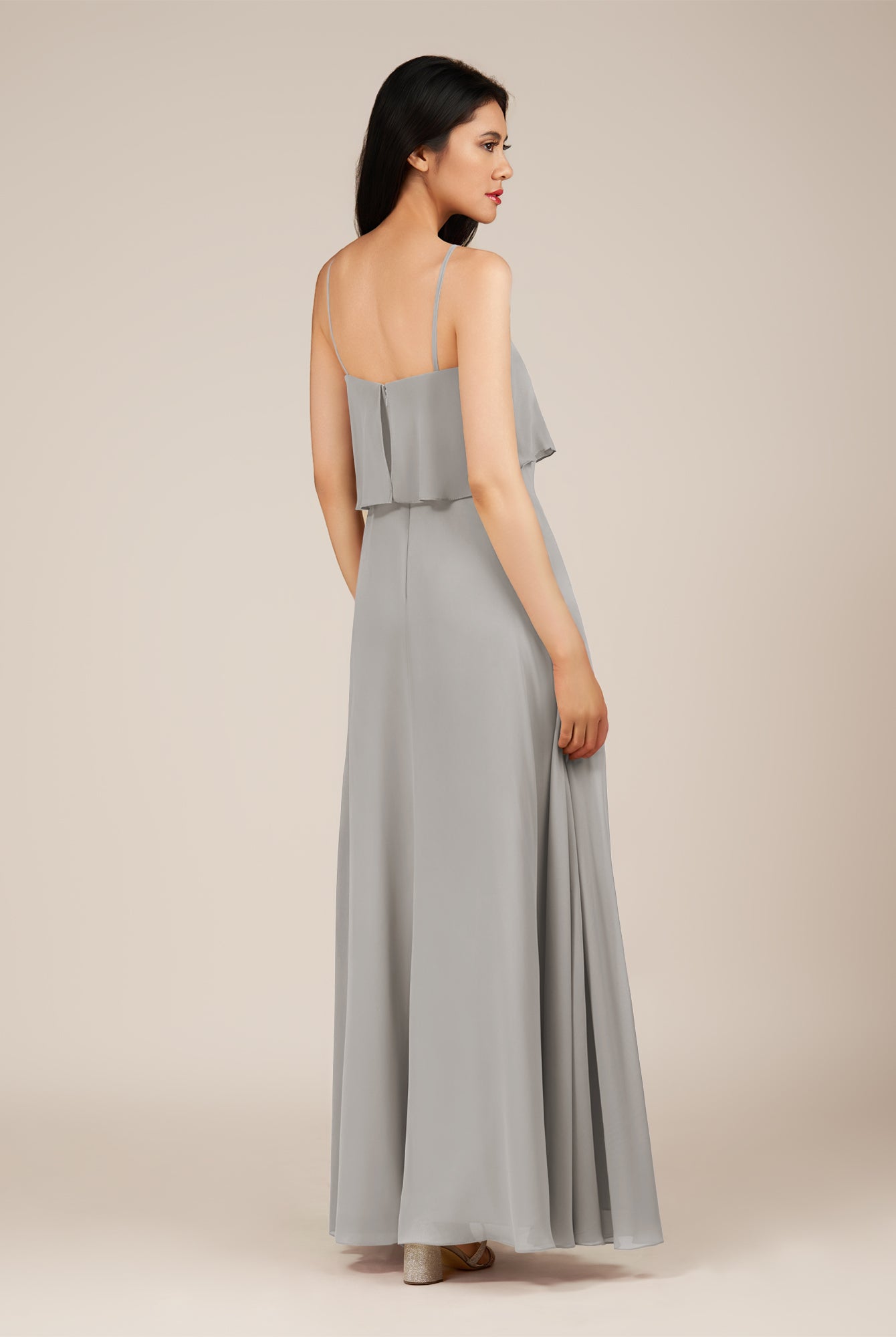 KissDress-Branwyn Silver A Line V Neck Chiffon Long Bridesmaid Dress with Ruffles