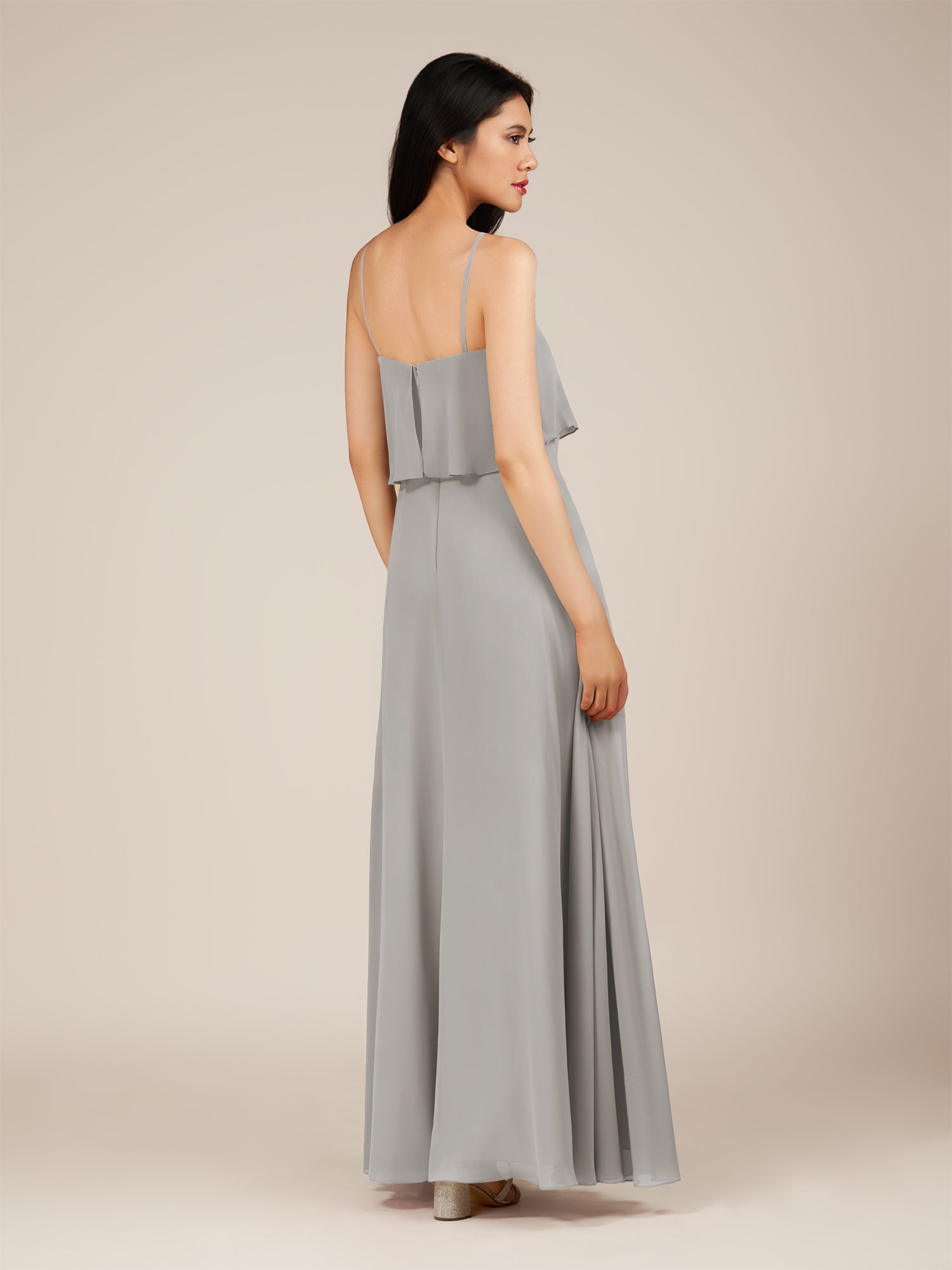 KissDress-Branwyn Silver A Line V Neck Chiffon Long Bridesmaid Dress with Ruffles