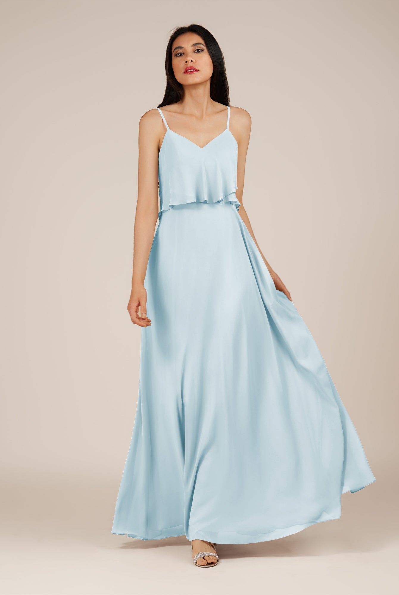 KissDress-Branwyn Sky Blue A Line V Neck Chiffon Long Bridesmaid Dress with Ruffles