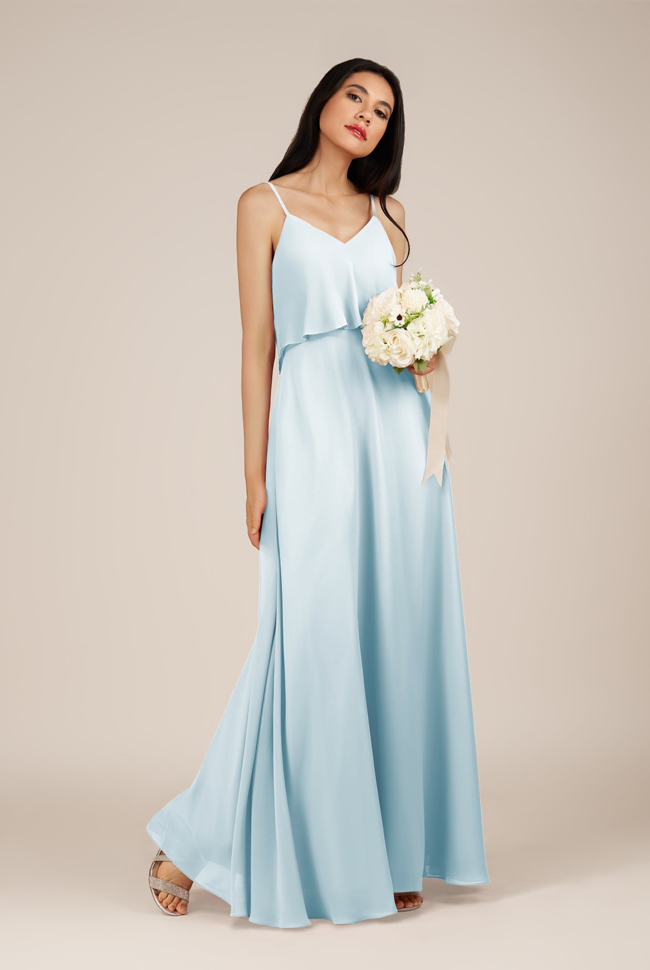 KissDress-Branwyn Sky Blue A Line V Neck Chiffon Long Bridesmaid Dress with Ruffles