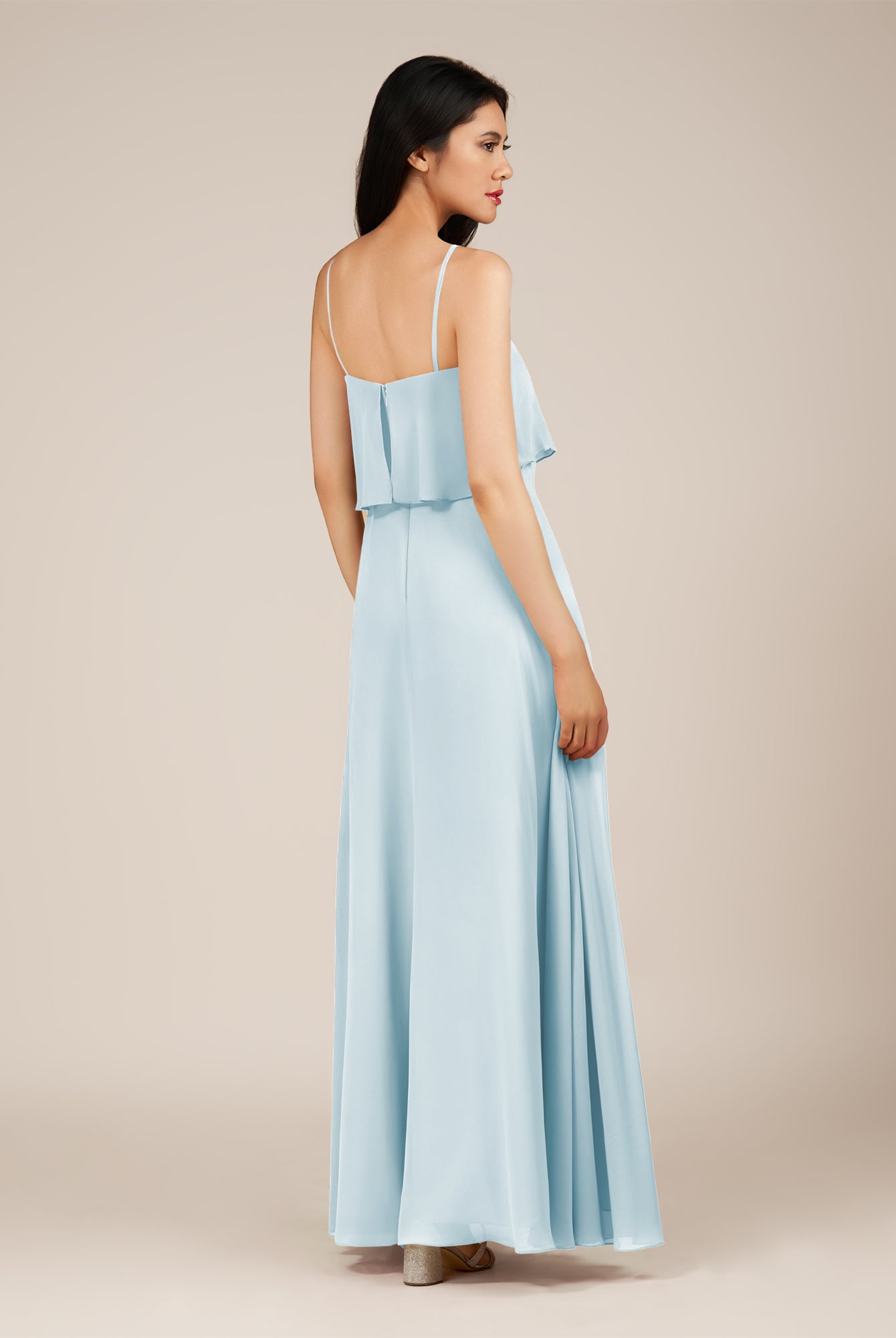 KissDress-Branwyn Sky Blue A Line V Neck Chiffon Long Bridesmaid Dress with Ruffles