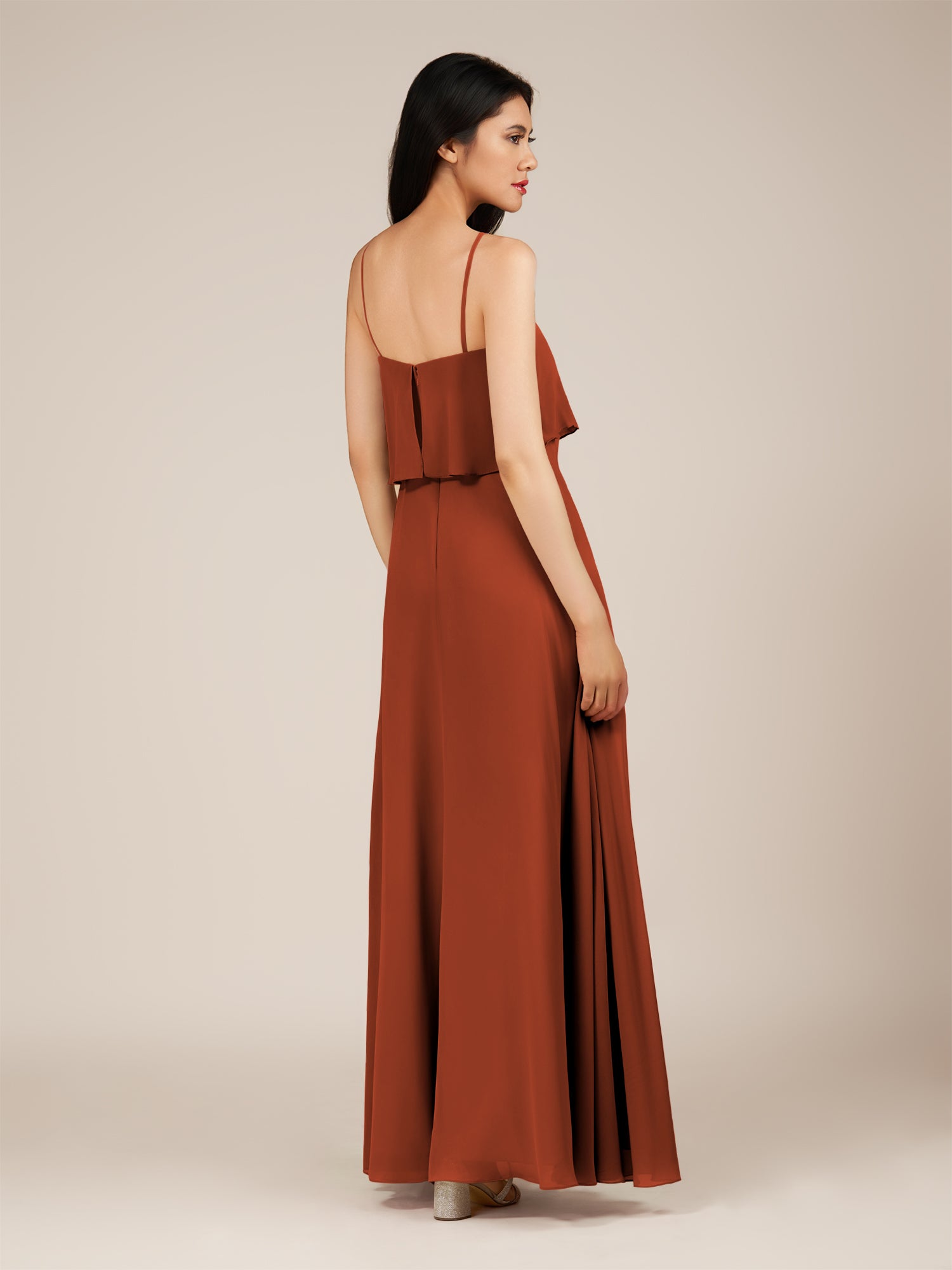 KissDress-Branwyn Spice A Line V Neck Chiffon Long Bridesmaid Dress with Ruffles