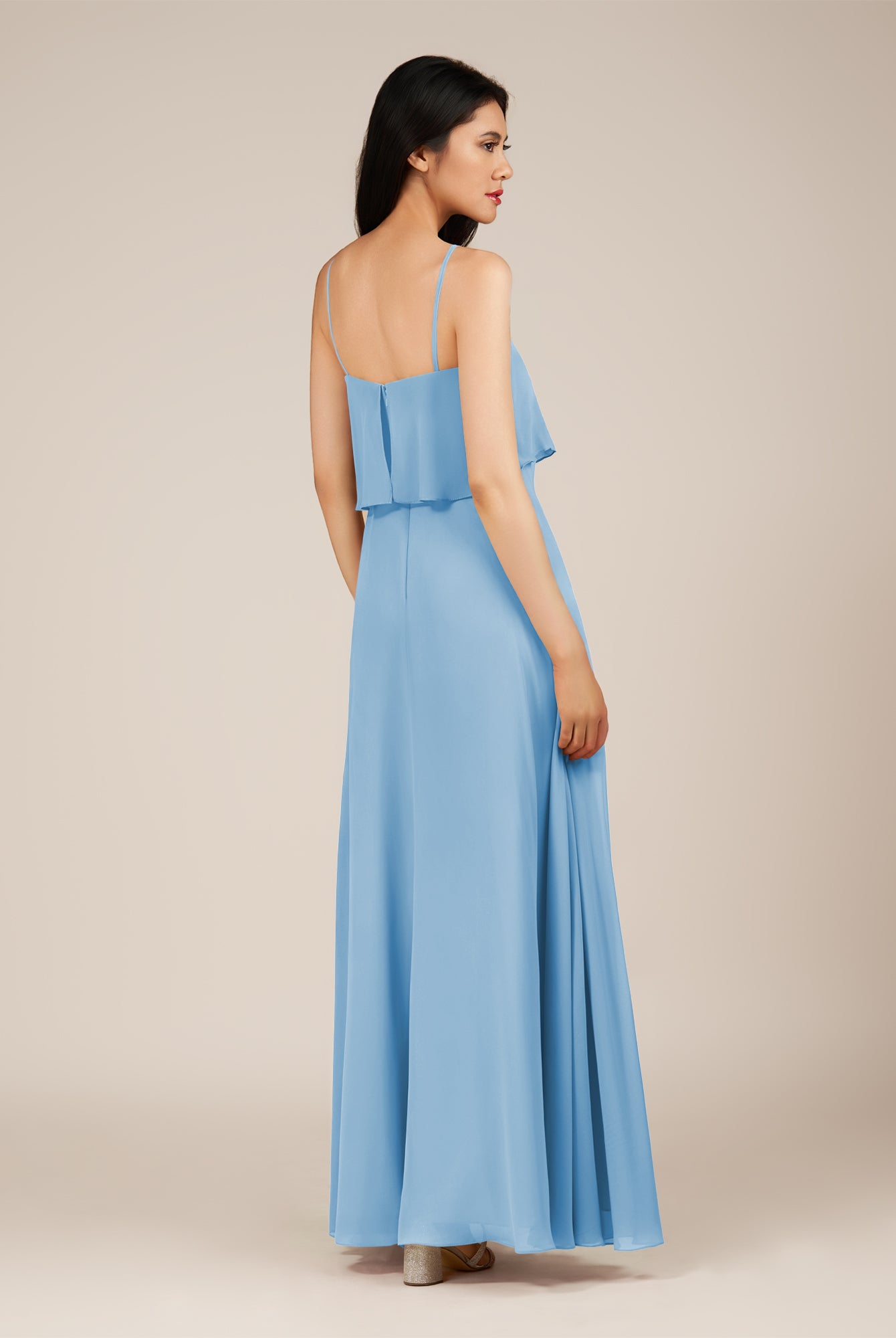 KissDress-Branwyn Steel Blue A Line V Neck Chiffon Long Bridesmaid Dress with Ruffles