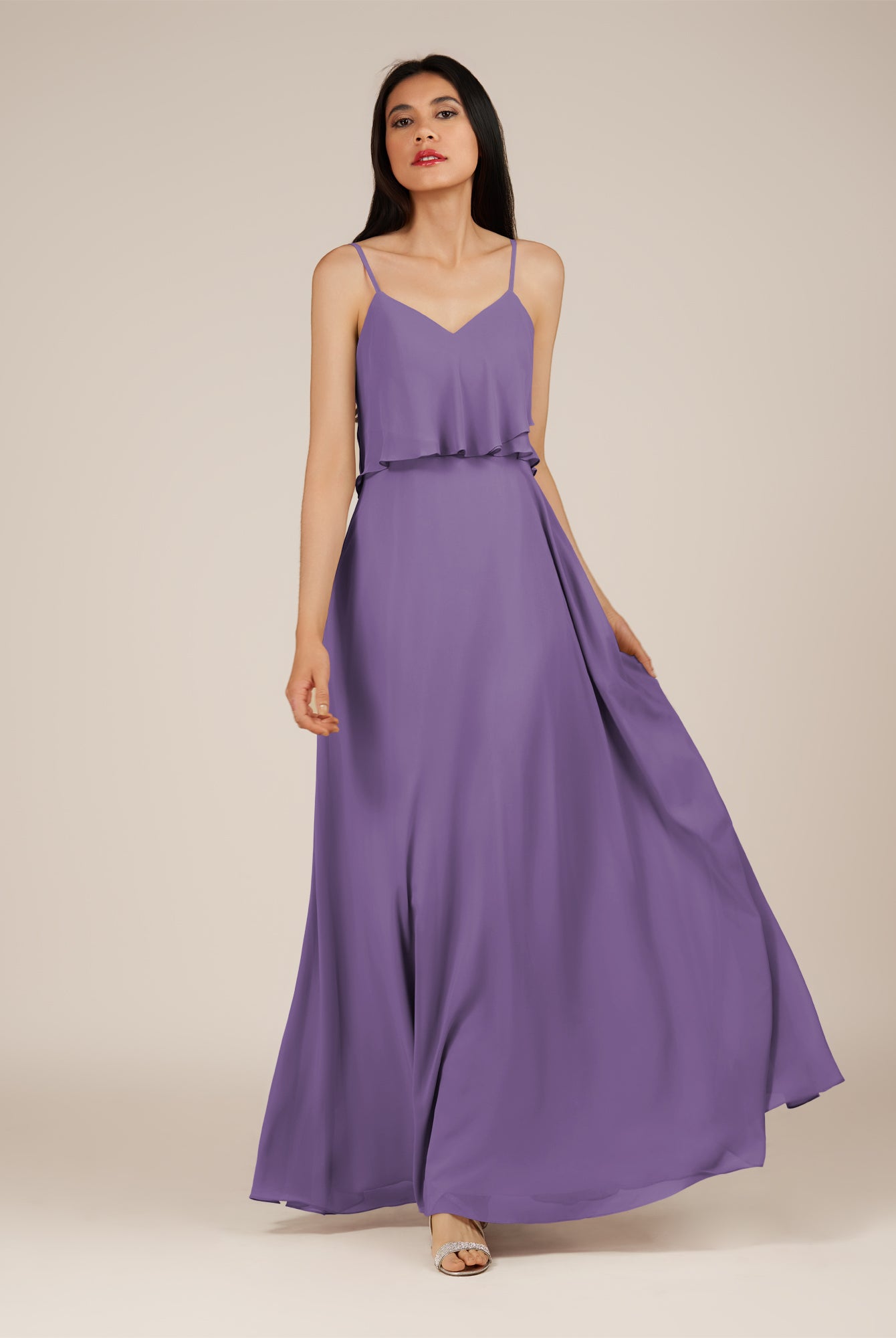 KissDress-Branwyn Tahiti A Line V Neck Chiffon Long Bridesmaid Dress with Ruffles