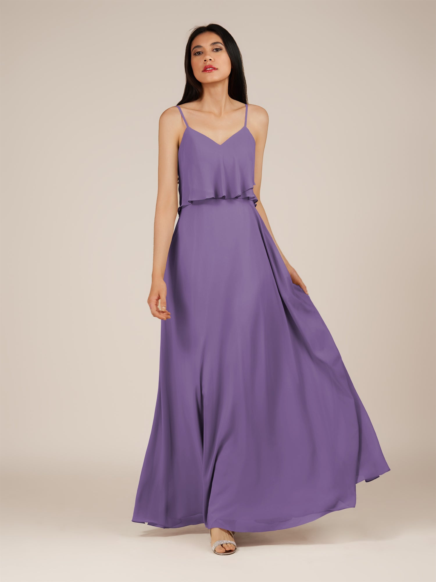 KissDress-Branwyn Tahiti A Line V Neck Chiffon Long Bridesmaid Dress with Ruffles