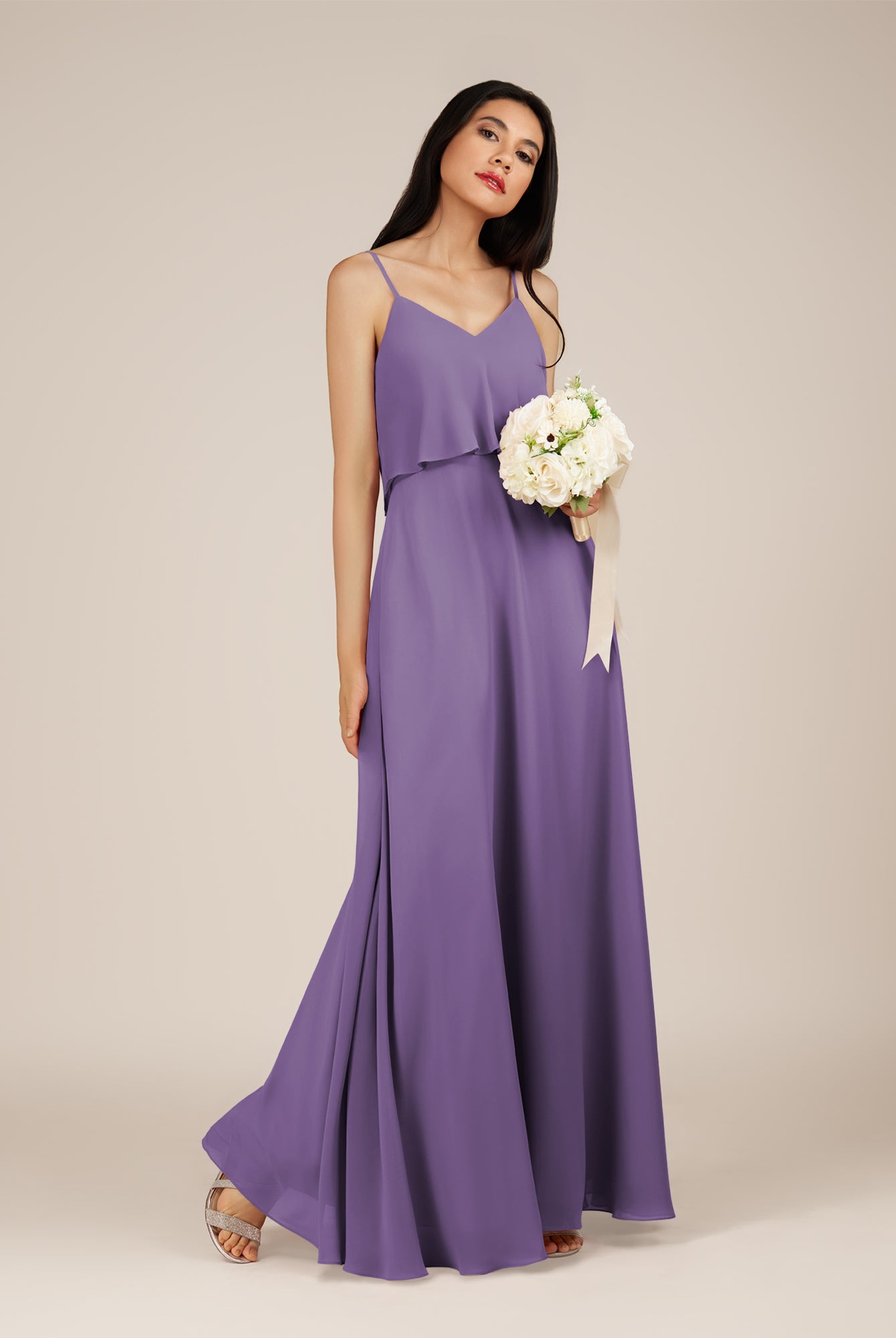 KissDress-Branwyn Tahiti A Line V Neck Chiffon Long Bridesmaid Dress with Ruffles