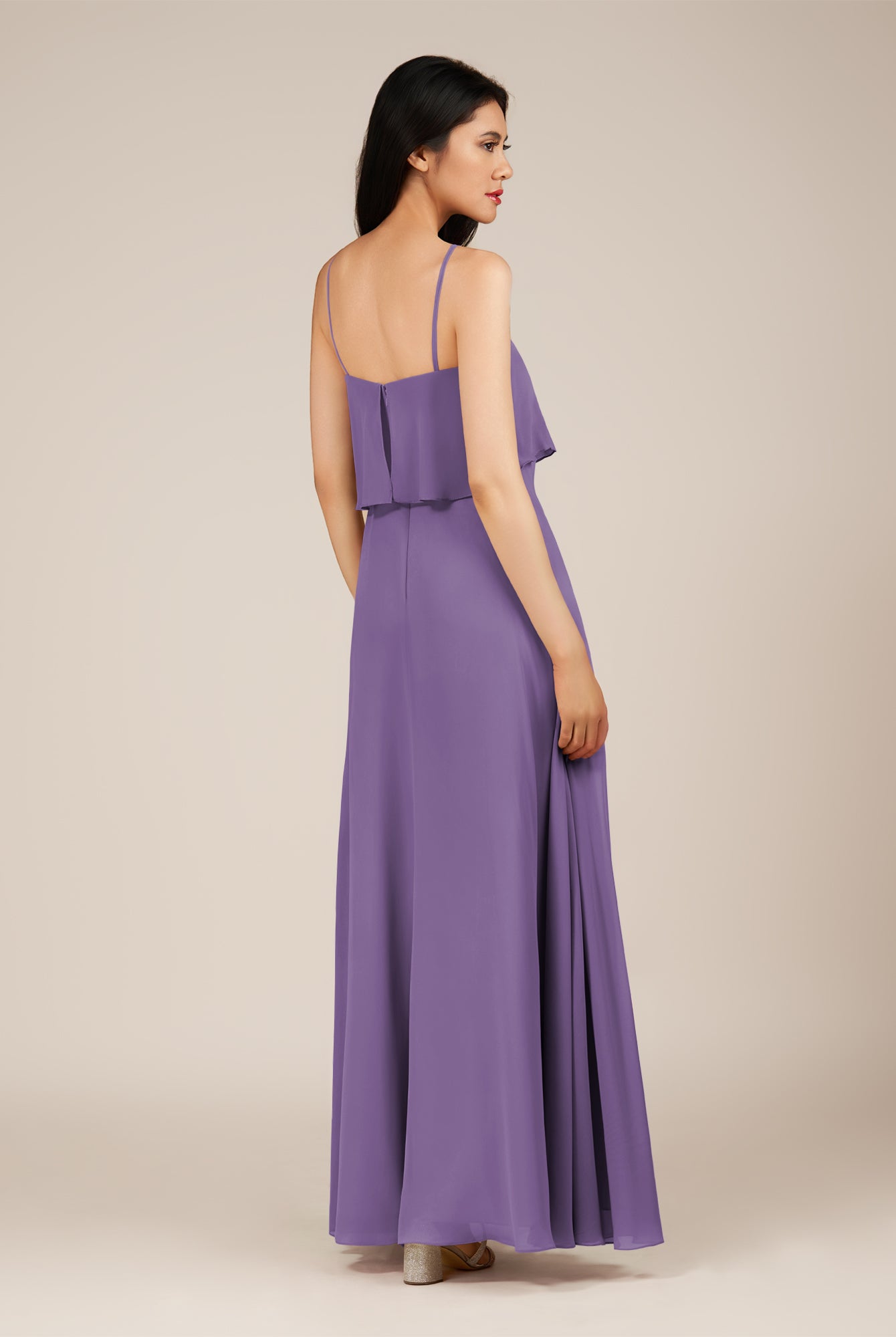 KissDress-Branwyn Tahiti A Line V Neck Chiffon Long Bridesmaid Dress with Ruffles