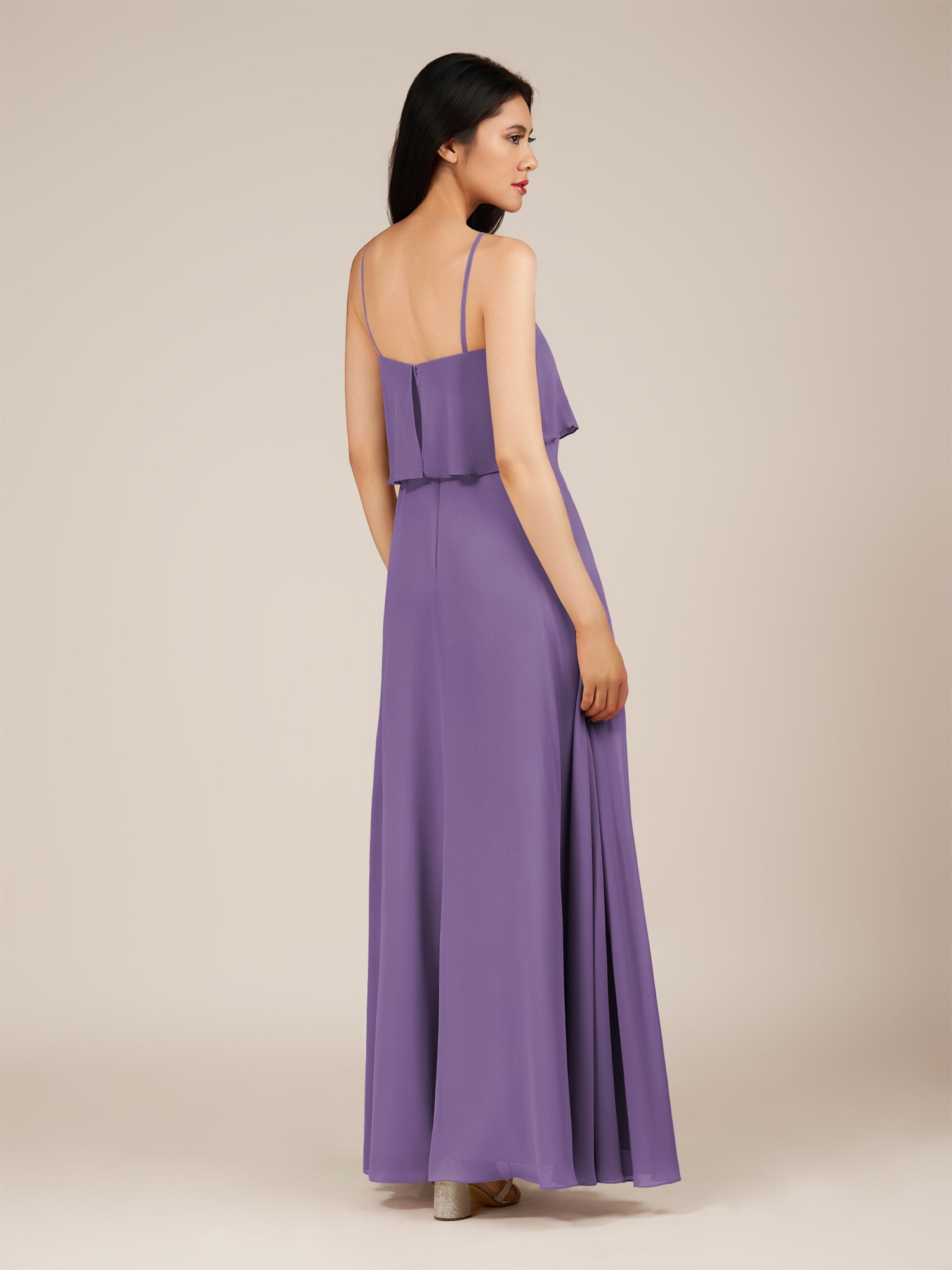 KissDress-Branwyn Tahiti A Line V Neck Chiffon Long Bridesmaid Dress with Ruffles