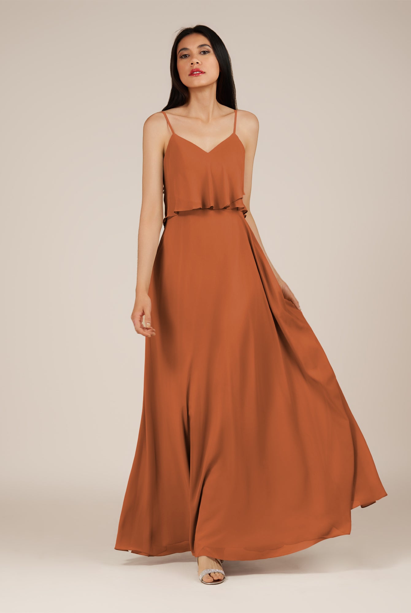 KissDress-Branwyn Terracotta A Line V Neck Chiffon Long Bridesmaid Dress with Ruffles