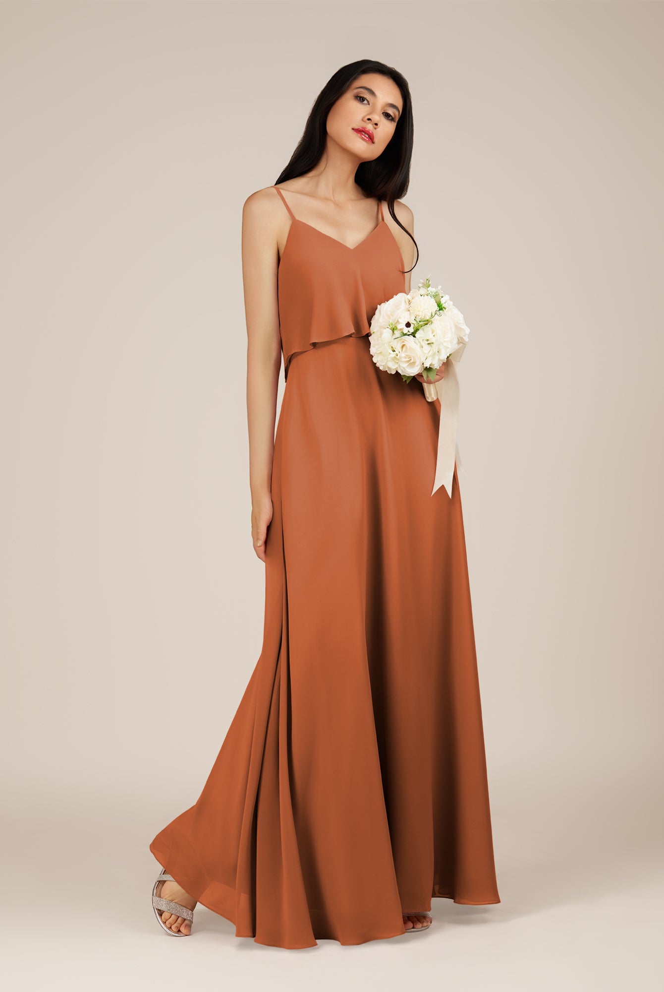 KissDress-Branwyn Terracotta A Line V Neck Chiffon Long Bridesmaid Dress with Ruffles