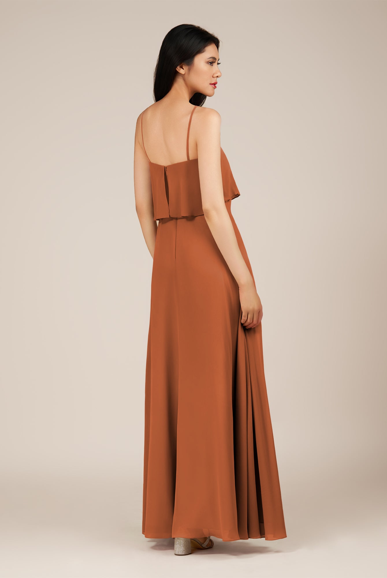 KissDress-Branwyn Terracotta A Line V Neck Chiffon Long Bridesmaid Dress with Ruffles