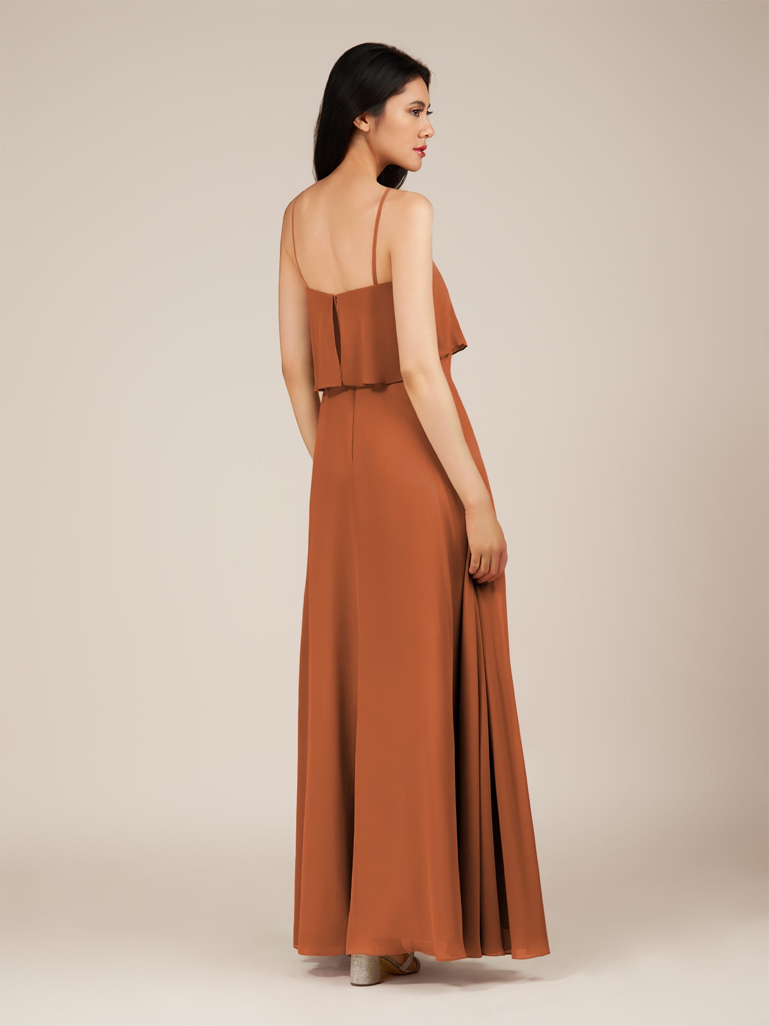 KissDress-Branwyn Terracotta A Line V Neck Chiffon Long Bridesmaid Dress with Ruffles