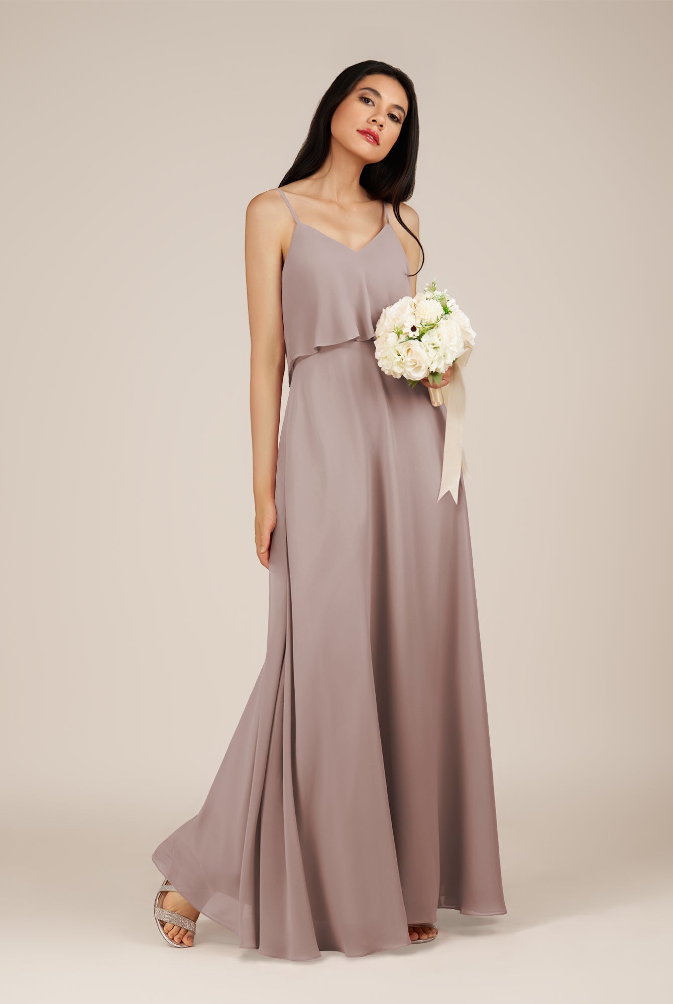 KissDress-Branwyn Toffee A Line V Neck Chiffon Long Bridesmaid Dress with Ruffles