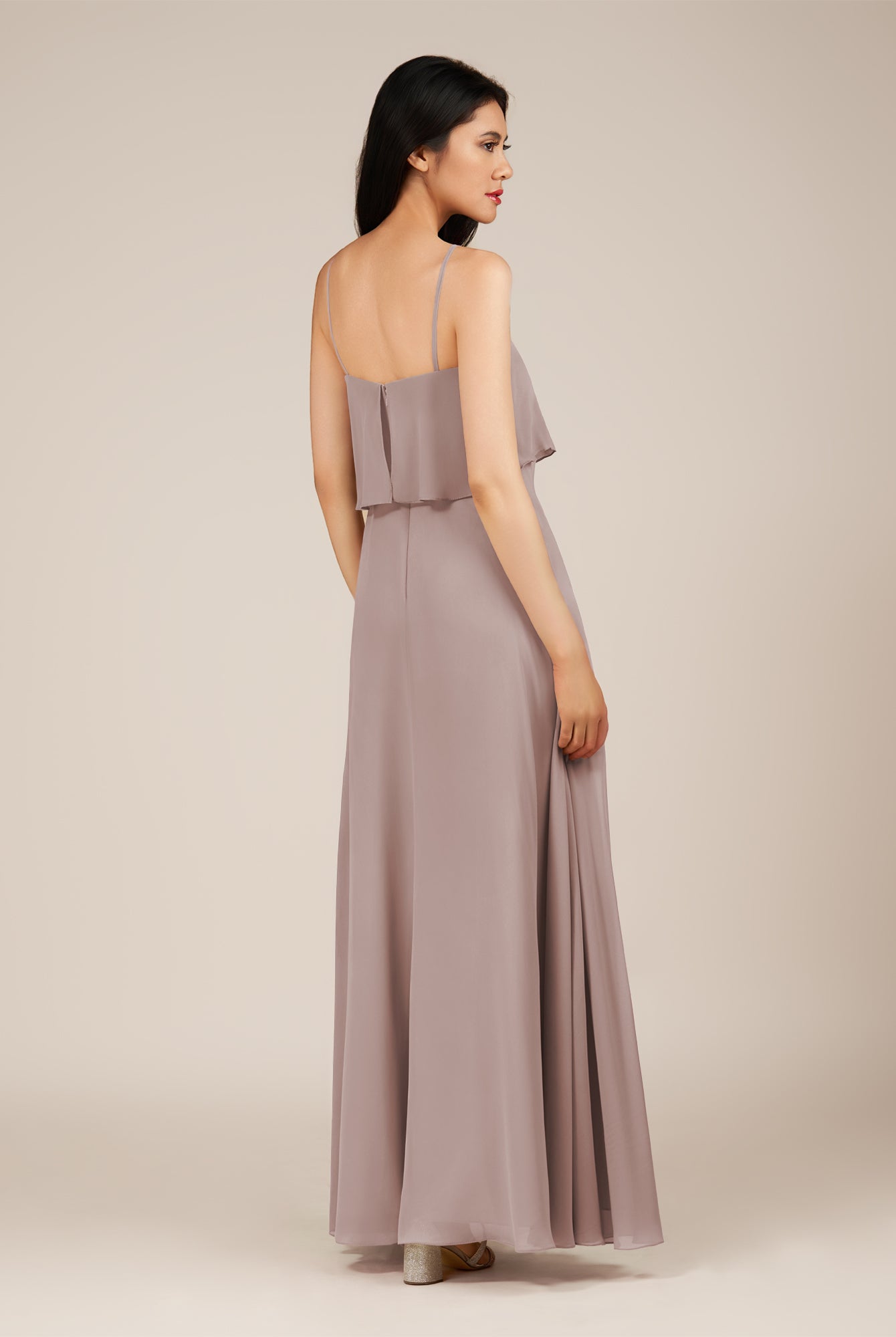 KissDress-Branwyn Toffee A Line V Neck Chiffon Long Bridesmaid Dress with Ruffles