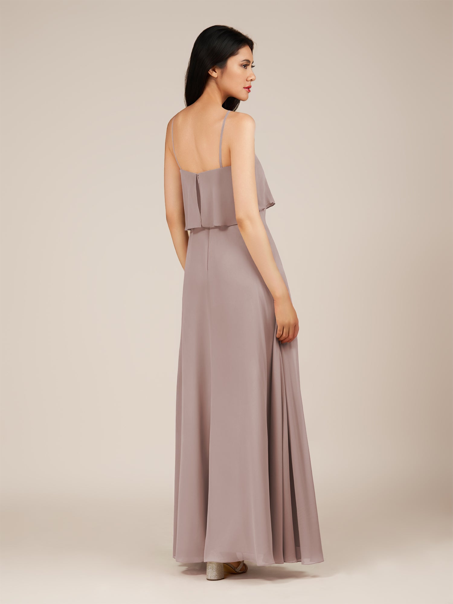 KissDress-Branwyn Toffee A Line V Neck Chiffon Long Bridesmaid Dress with Ruffles