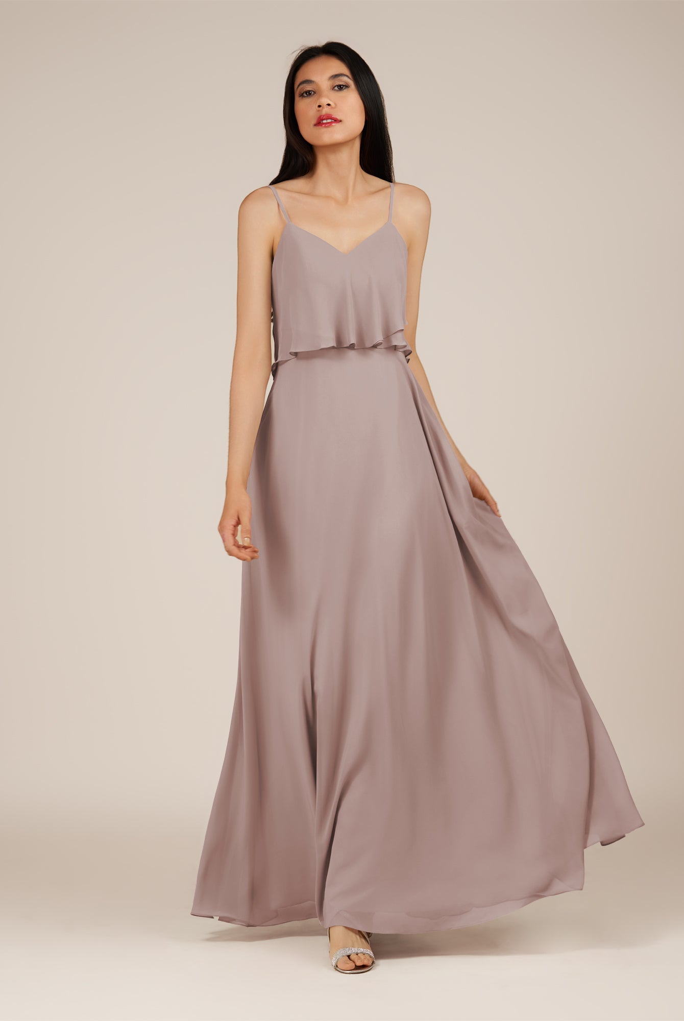 KissDress-Branwyn Toffee A Line V Neck Chiffon Long Bridesmaid Dress with Ruffles