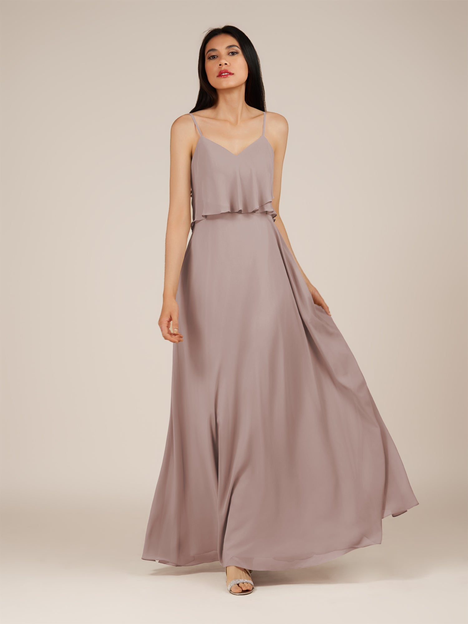KissDress-Branwyn Toffee A Line V Neck Chiffon Long Bridesmaid Dress with Ruffles