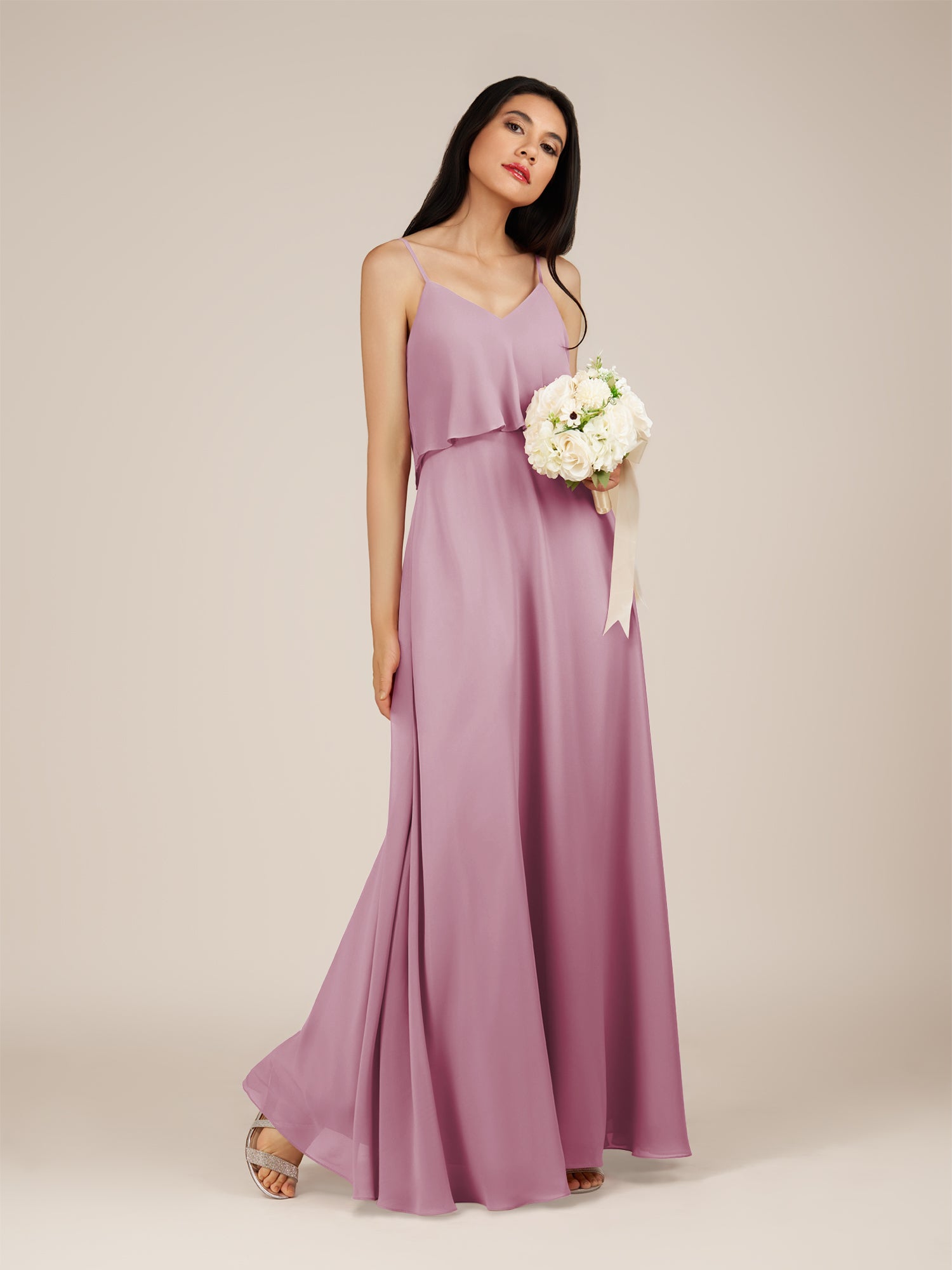 KissDress-Branwyn Vintage Mauve A Line V Neck Chiffon Long Bridesmaid Dress with Ruffles