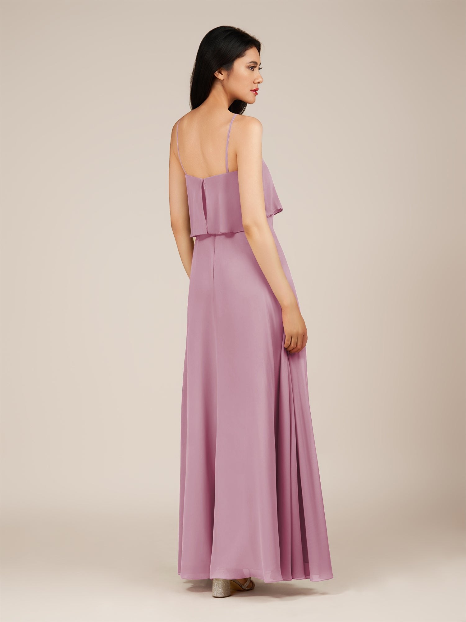 KissDress-Branwyn Vintage Mauve A Line V Neck Chiffon Long Bridesmaid Dress with Ruffles