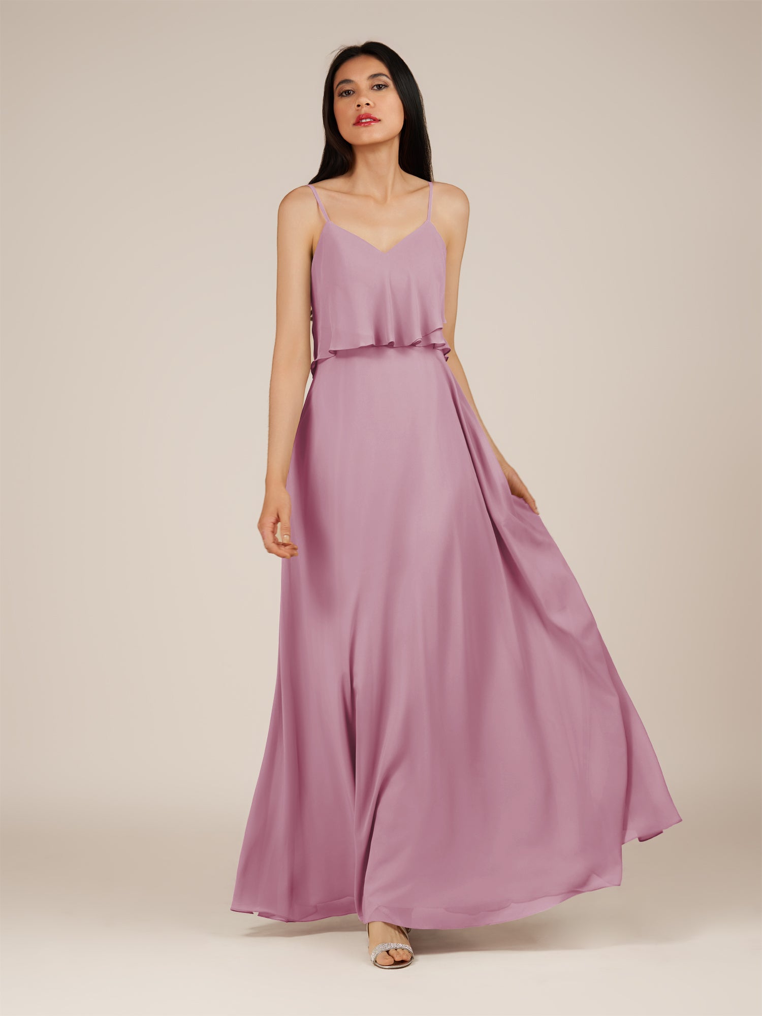 KissDress-Branwyn Vintage Mauve A Line V Neck Chiffon Long Bridesmaid Dress with Ruffles