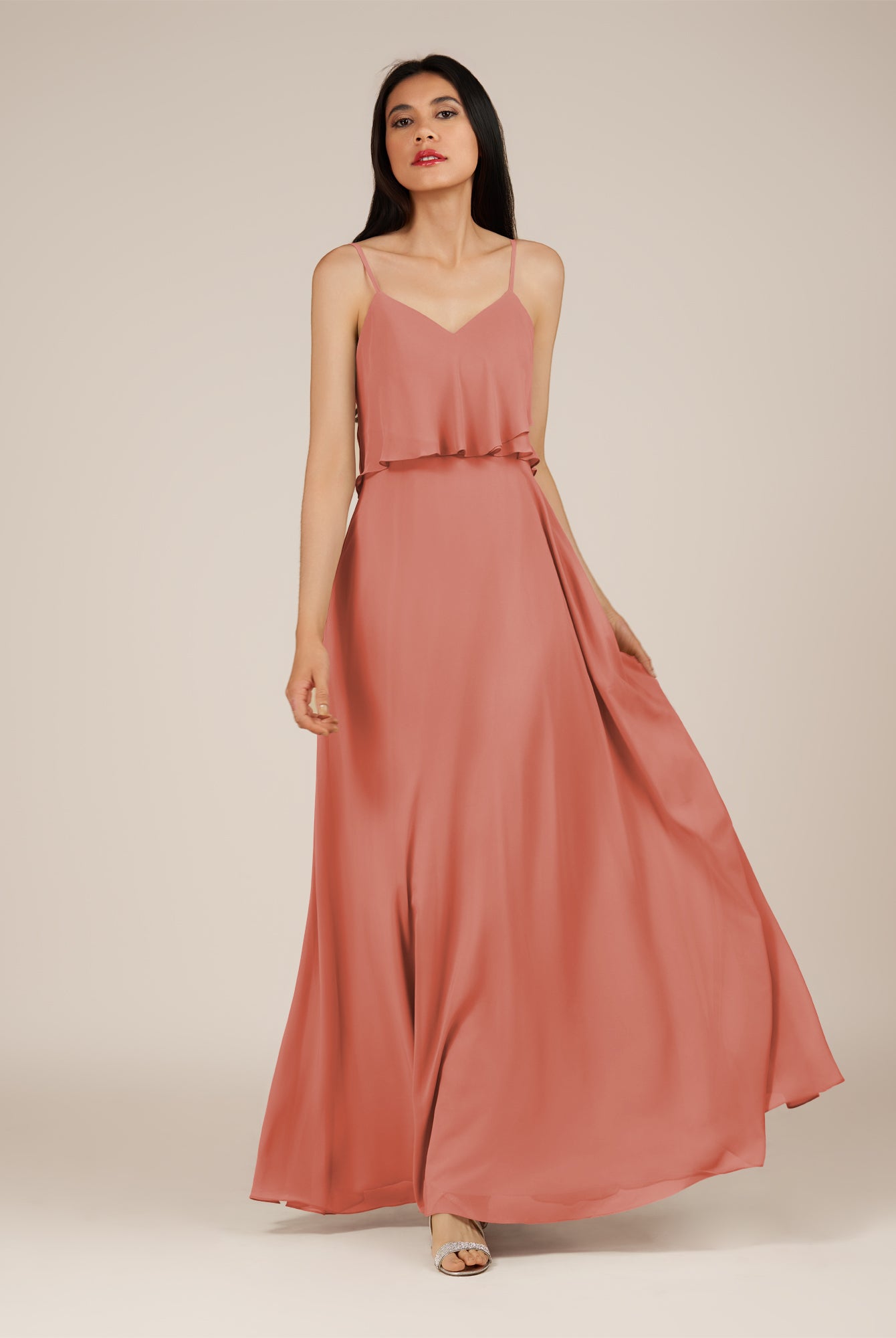 KissDress-Branwyn Wild Rose A Line V Neck Chiffon Long Bridesmaid Dress with Ruffles