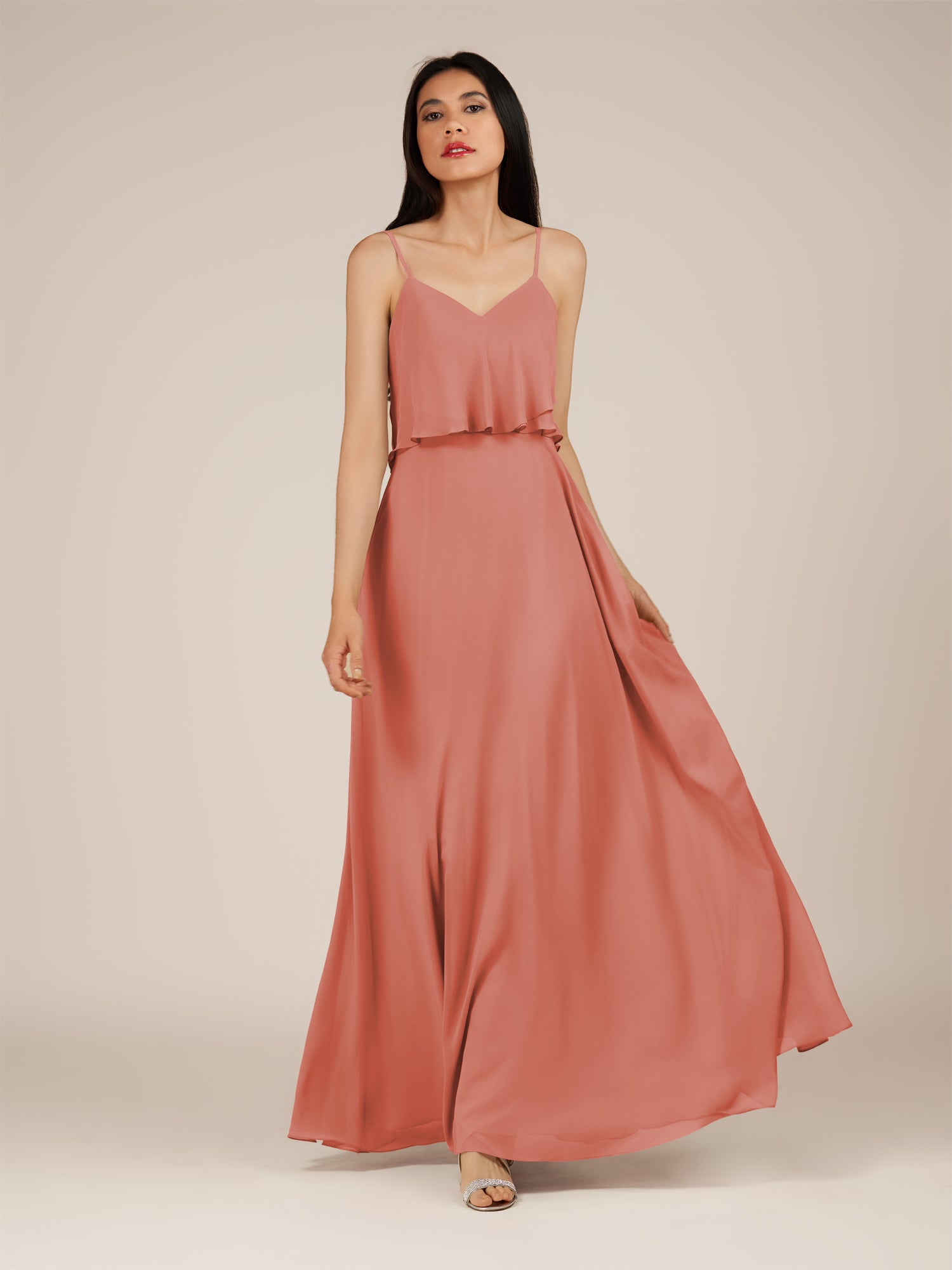 KissDress-Branwyn Wild Rose A Line V Neck Chiffon Long Bridesmaid Dress with Ruffles